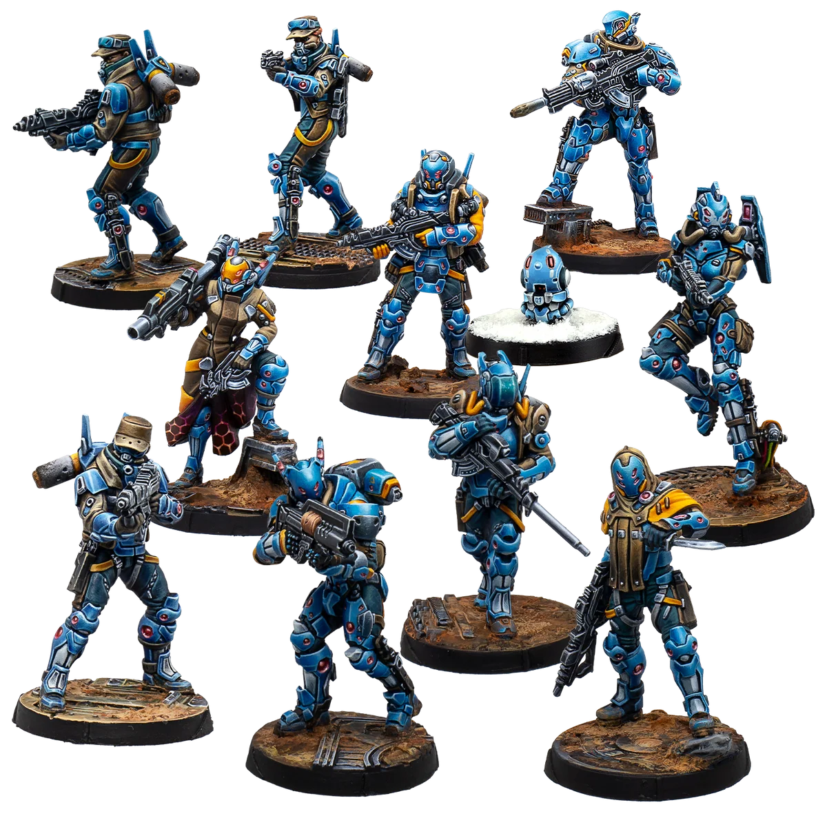 11 painted soldier miniatures in blue and yellow uniforms and power armor
