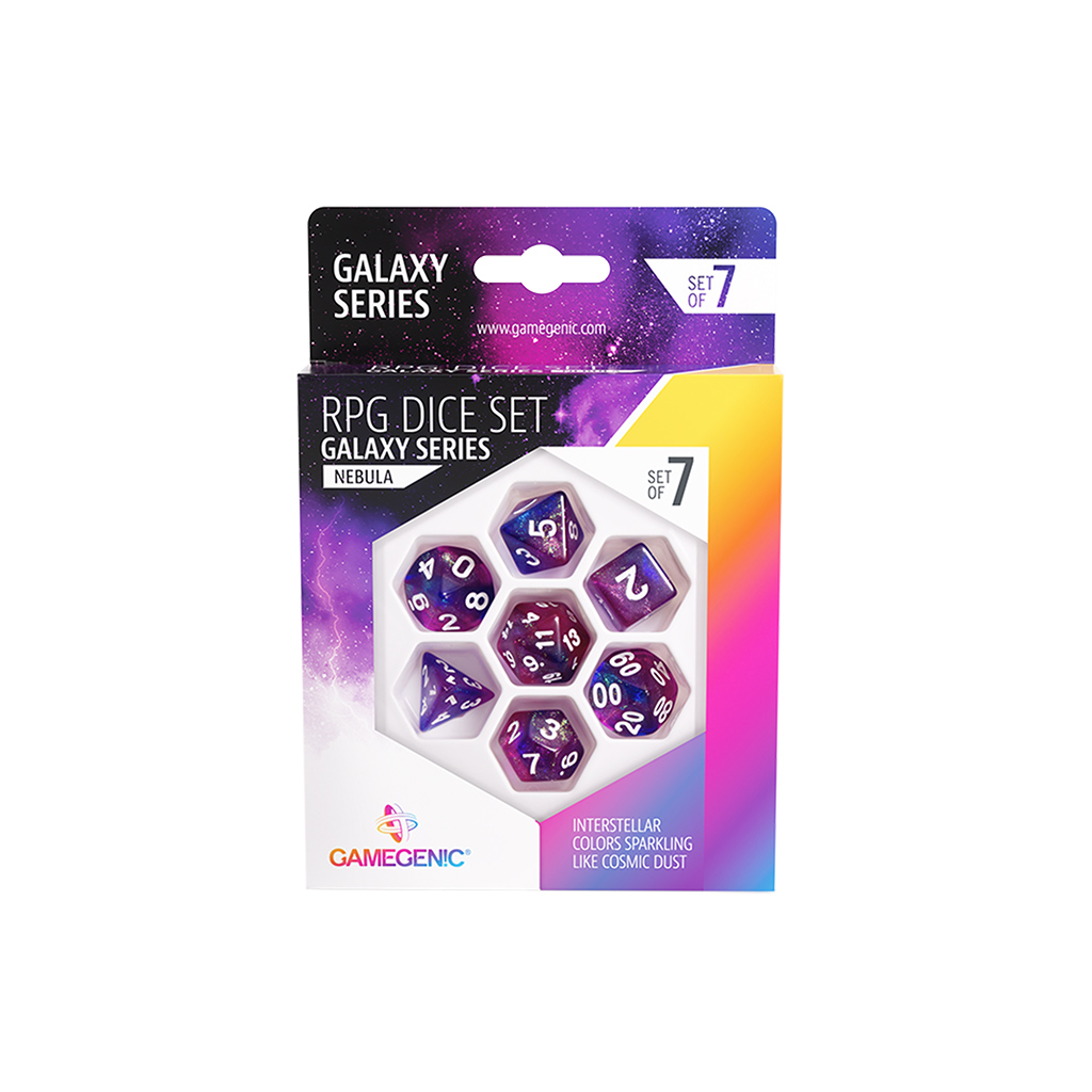 blue and purple nebula dice r p g set