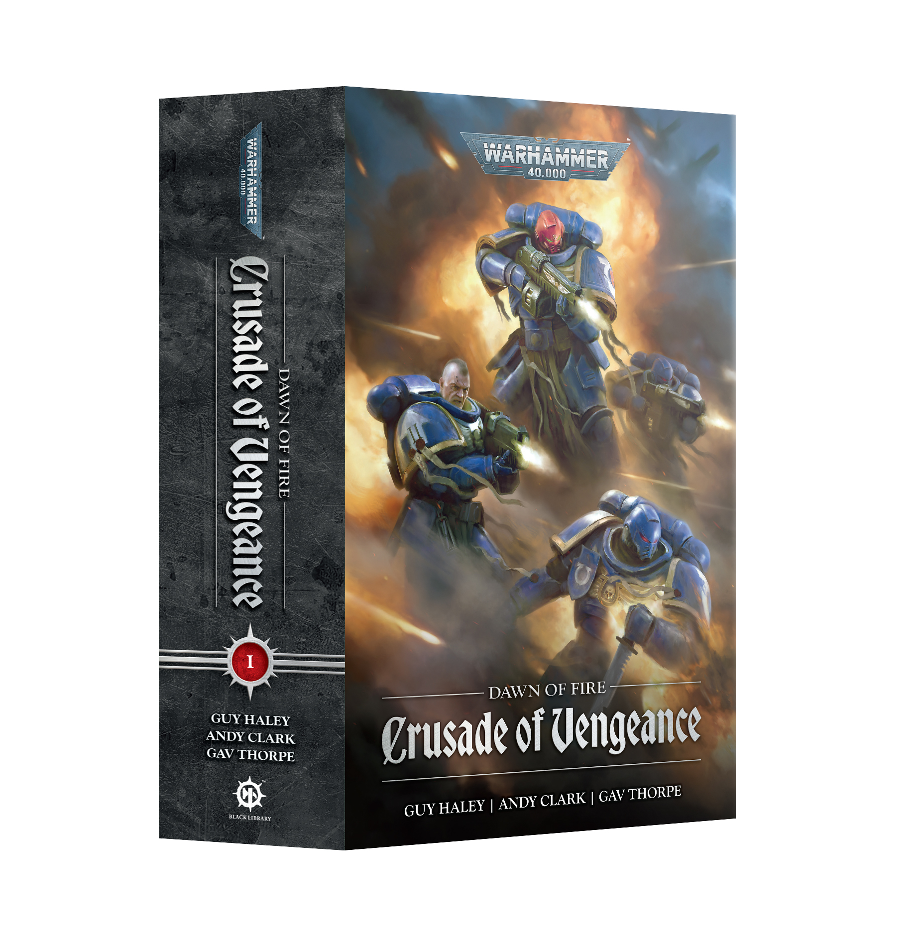 book cover featuring three space marines in blue armor amidst a haze of gunfire