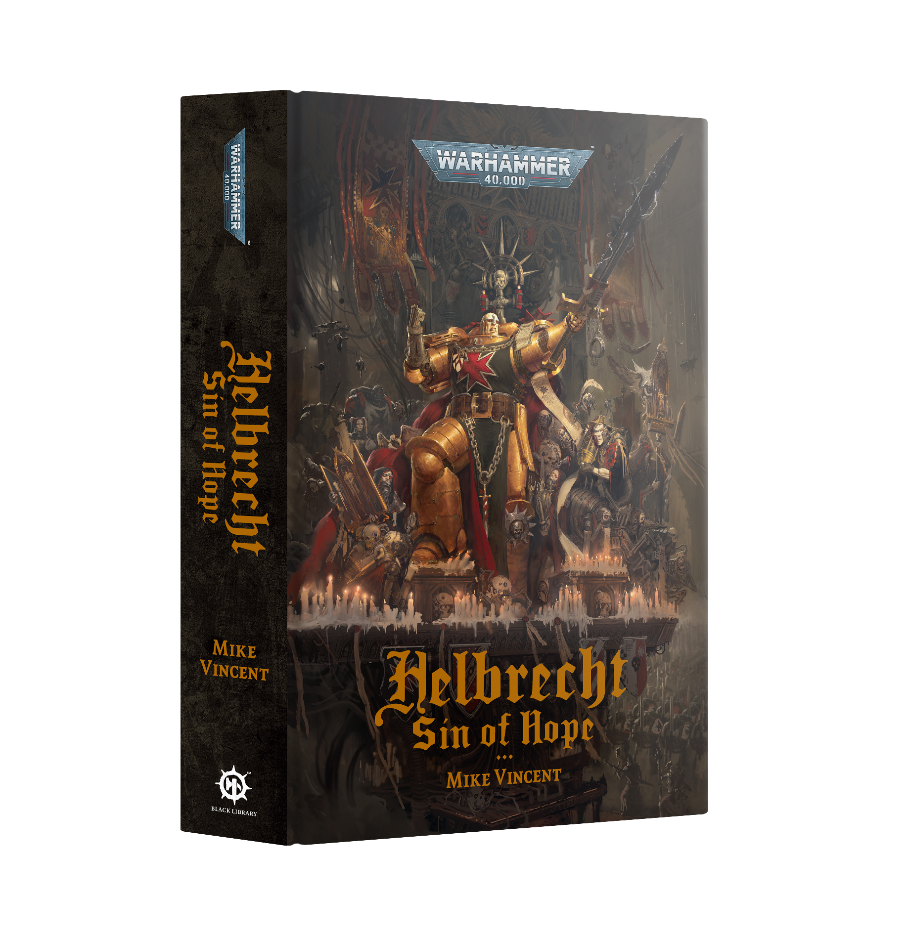 book cover featuring man in golden armor standing on a platform covered in burning candles with infantry in ranks on the ground below
