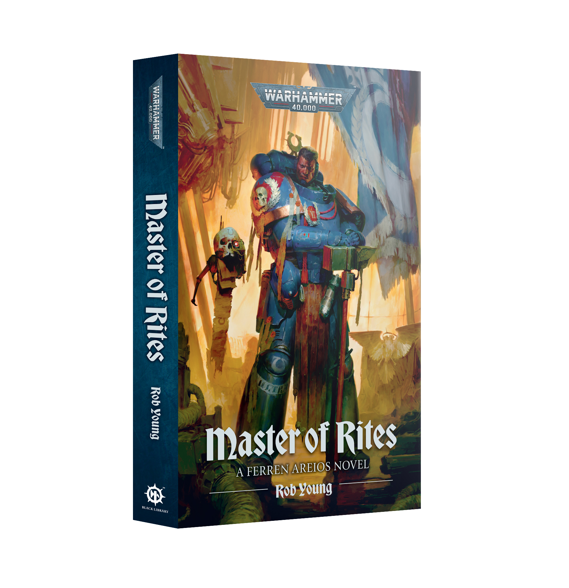 book cover featuring man in blue armor resting his hands on a long handled hammer with floating skull beside him