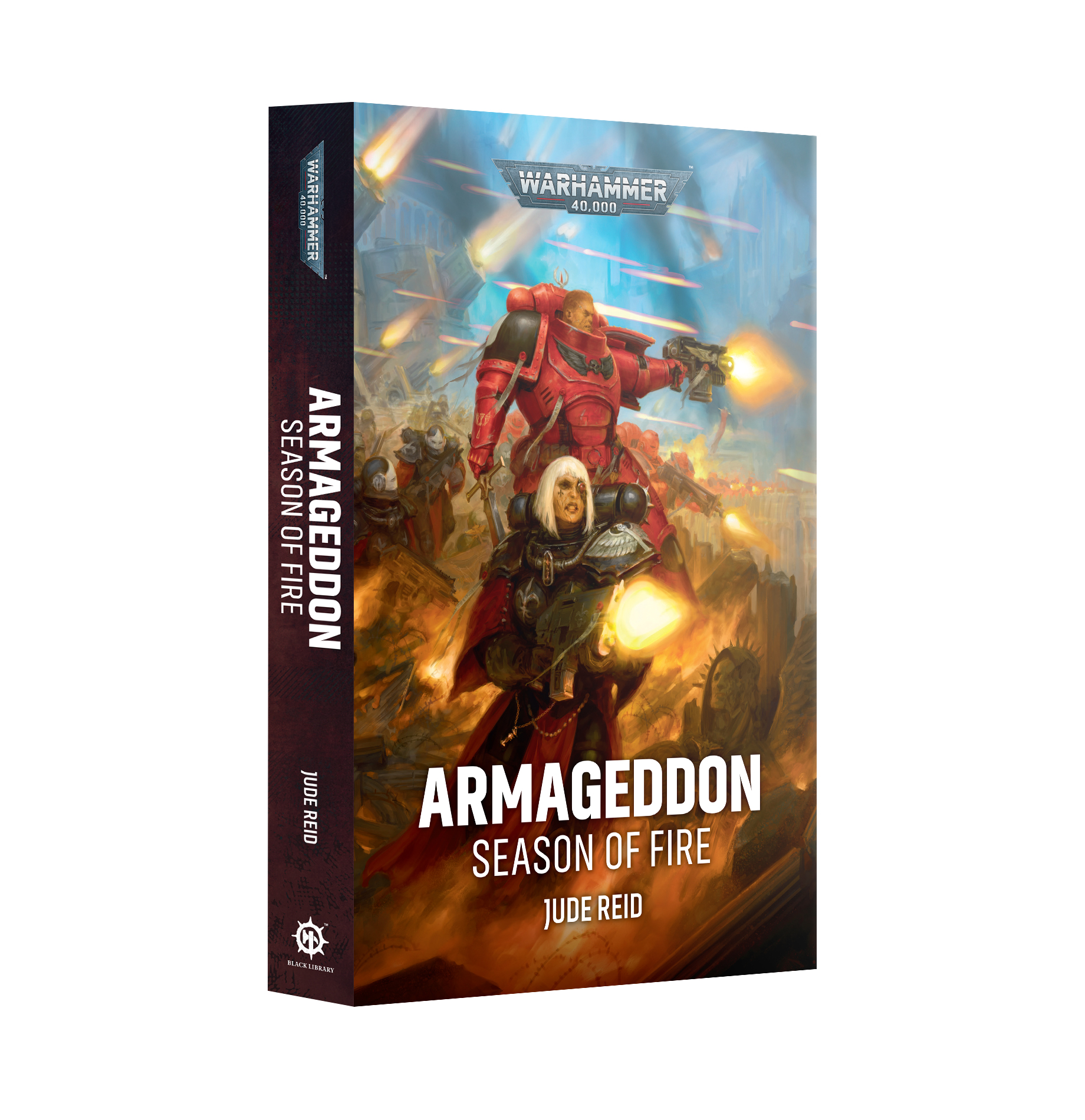 front book cover featuring woman in black armor with white bob hair and man in red armor with sword
