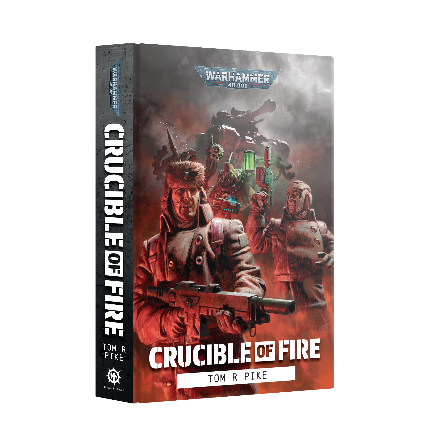front book cover featuring one cyborg and two soliders lit in red from below