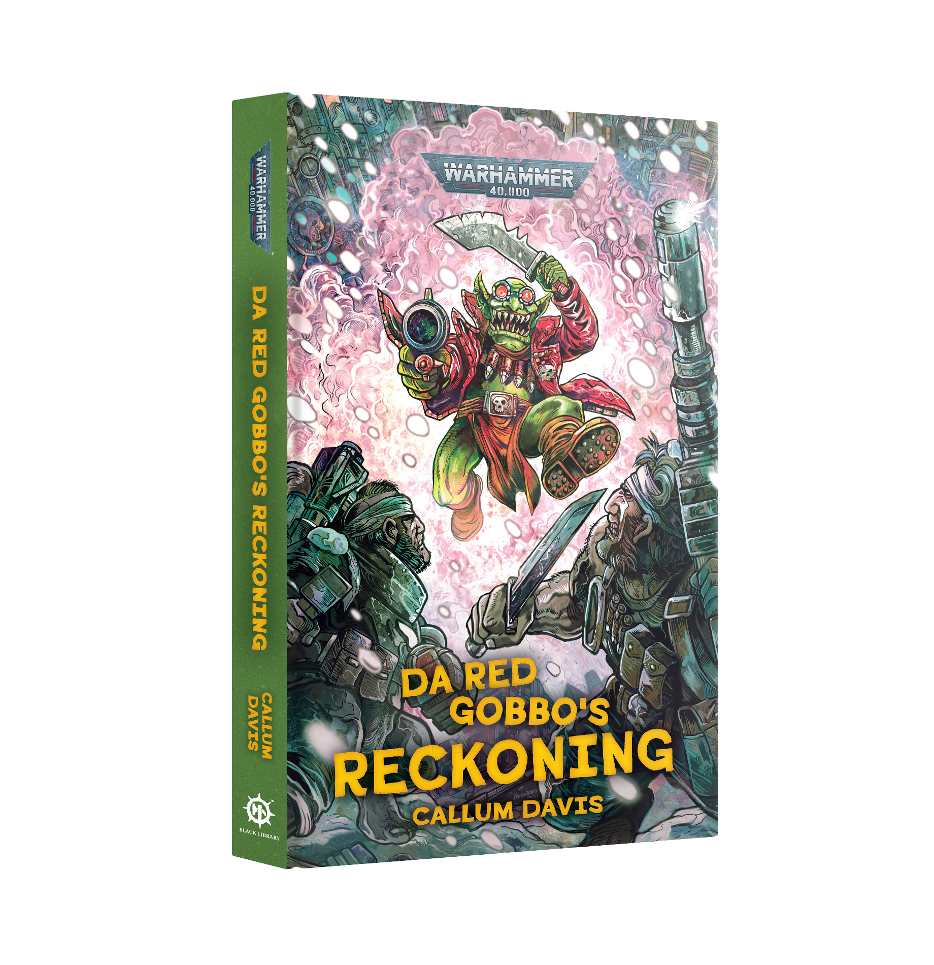 front book cover featuring two cartoon soliders crouching down as a goblin in a red jacket leaps at them with a knife