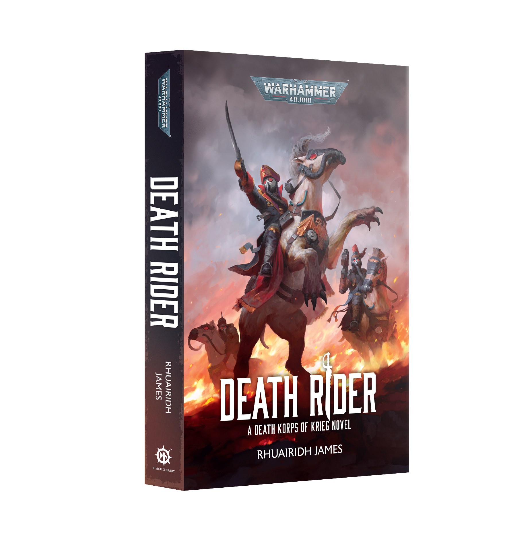 front book cover featuring commander in gas mask pointing forward with his sword from the back of a rearing bird-footed horse creature