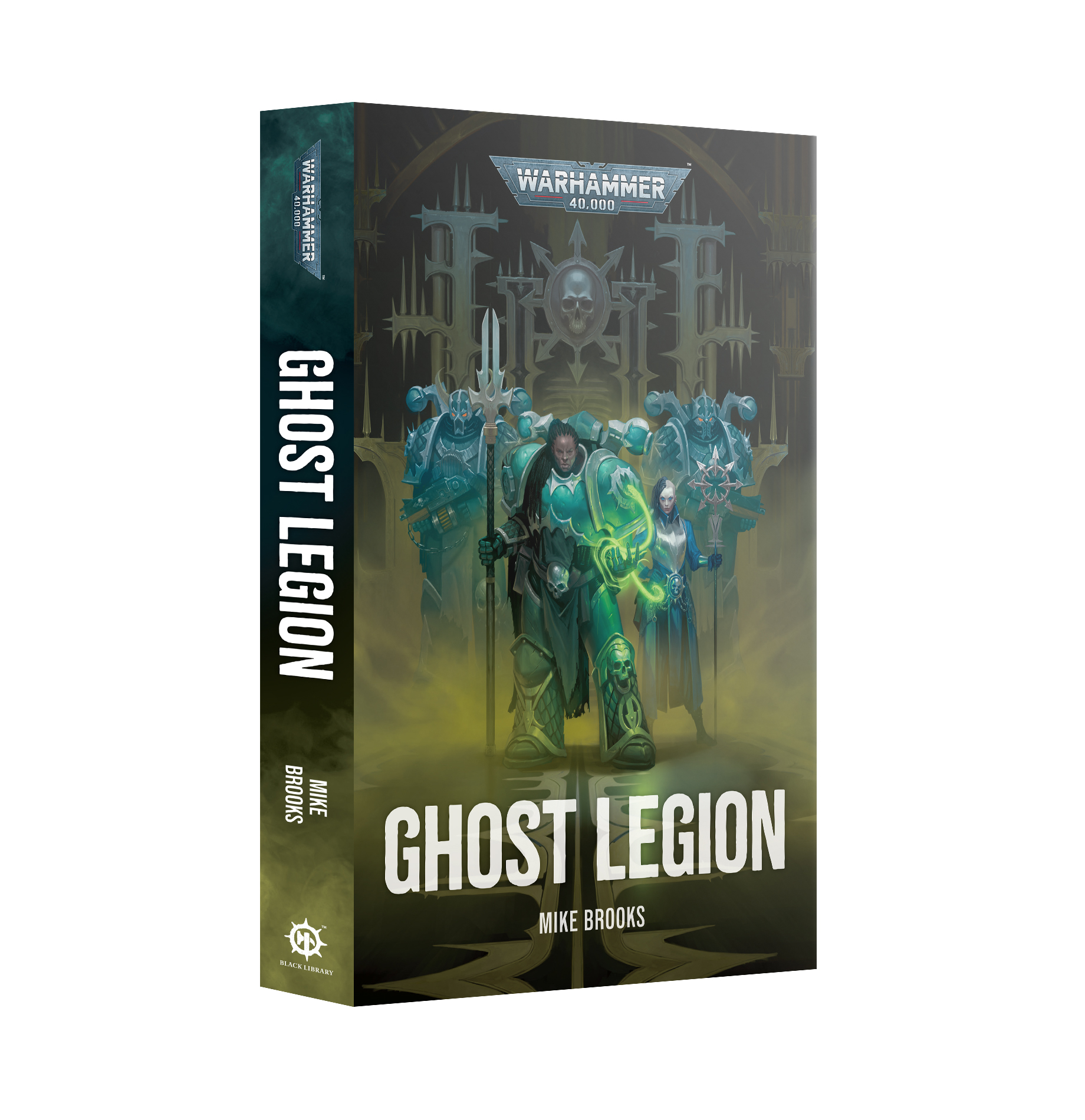 Front book cover featuring woman with long braids in green power armor and shorter woman with staff, both flanked by helmeted soliders in power armor with skull decorations