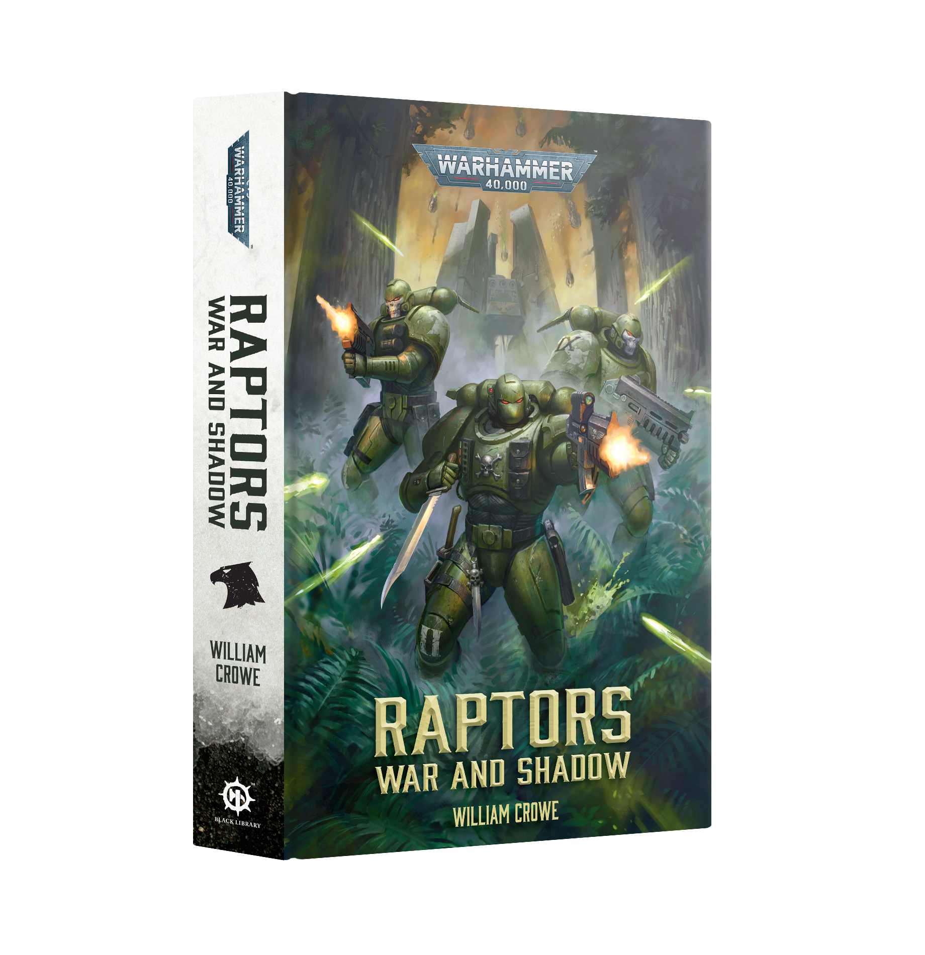 front book cover featuring art of three space marines in green armor shooting guns out of frame surrounded by jungle foliage with a drop pod in the background