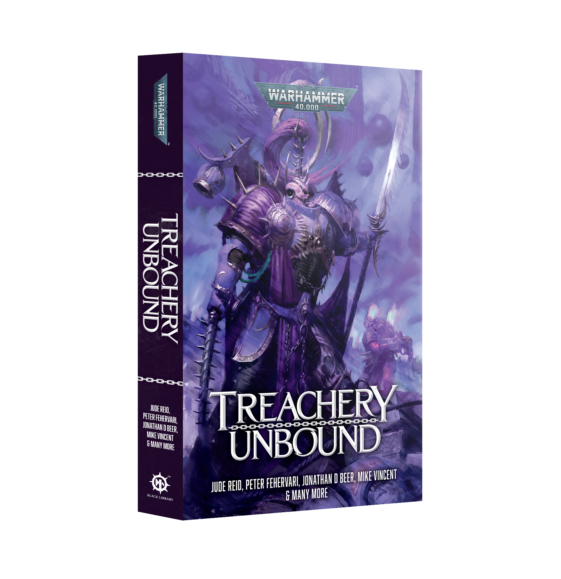 Front book cover featuring art of chaos space marine with barbed whip and long, snake-like tongue. The entire image is slightly blurred and all in shades of purple