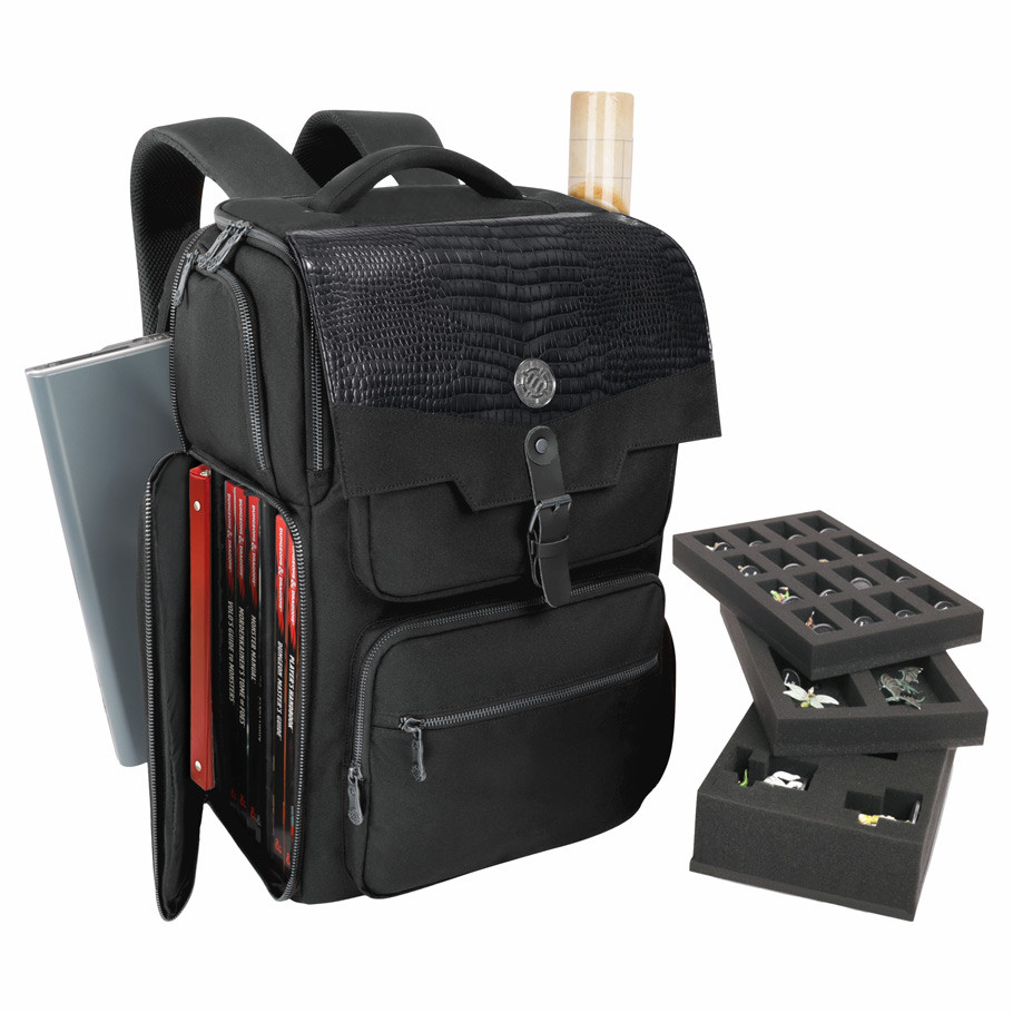 Black backpack with book storage and miniature storage foam