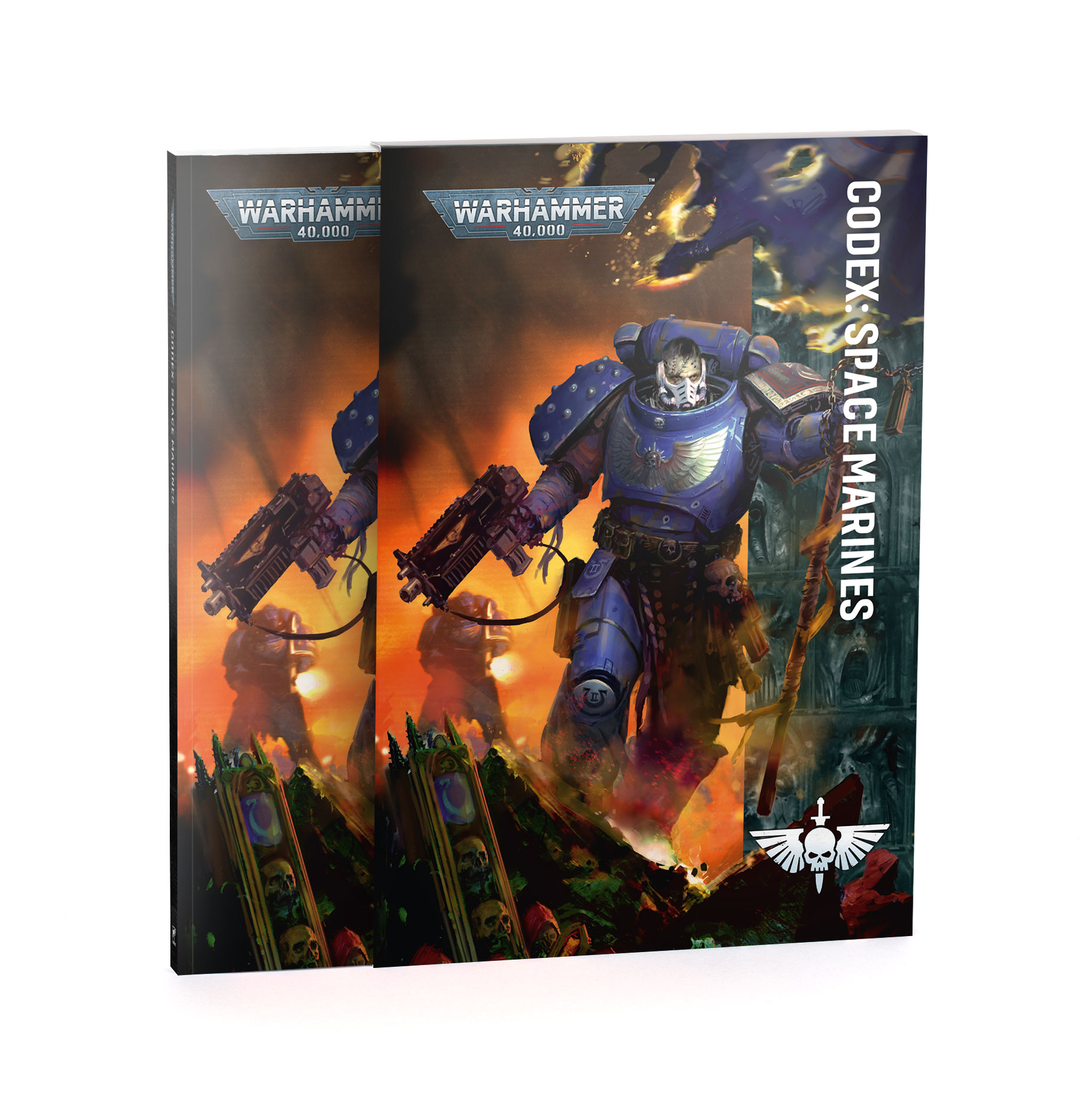 book slipcover featuring art of space marine in blue power armor against an orange haze of a burning battlefield