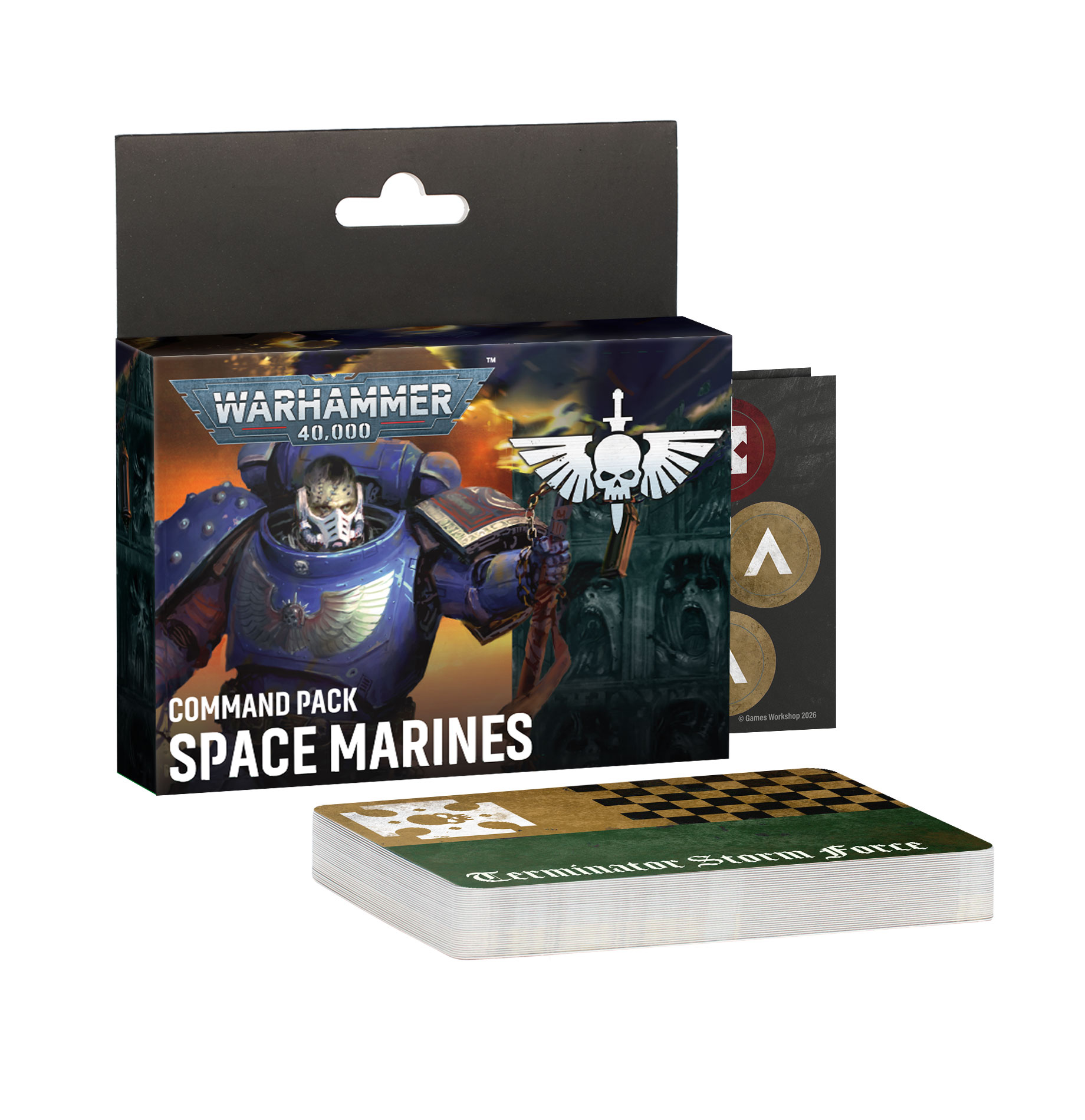 stack of cards next to packaging featuring art of space marine in blue power armor and a winged skull emblem