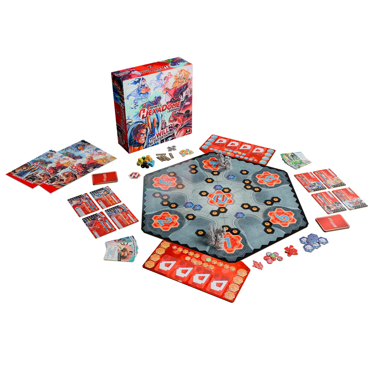 hexagonal game board surrounded by red cards and tokens