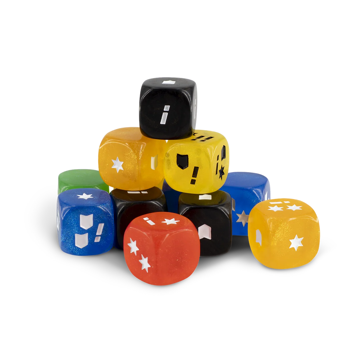 pile of black, blue, green, red, and yellow dice with stars, chevrons, and exclamation points
