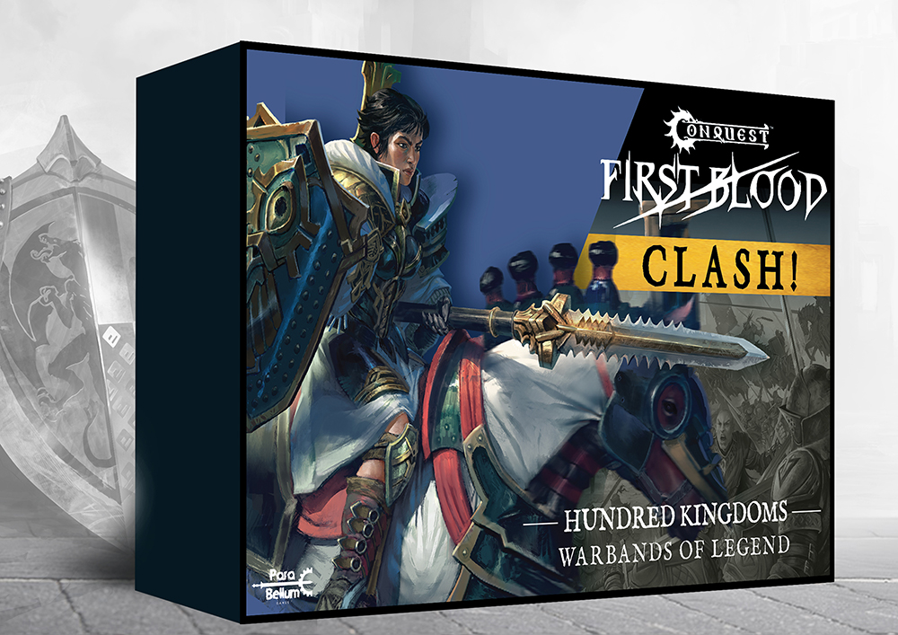 front of box featuring art of short haired woman on horse with lance and shield
