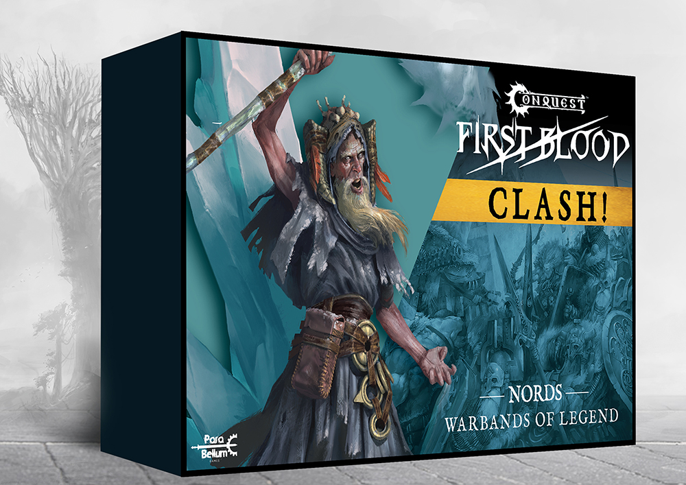 Front of box featuring art of old man in ragged robes with headdress hoisting staff above head