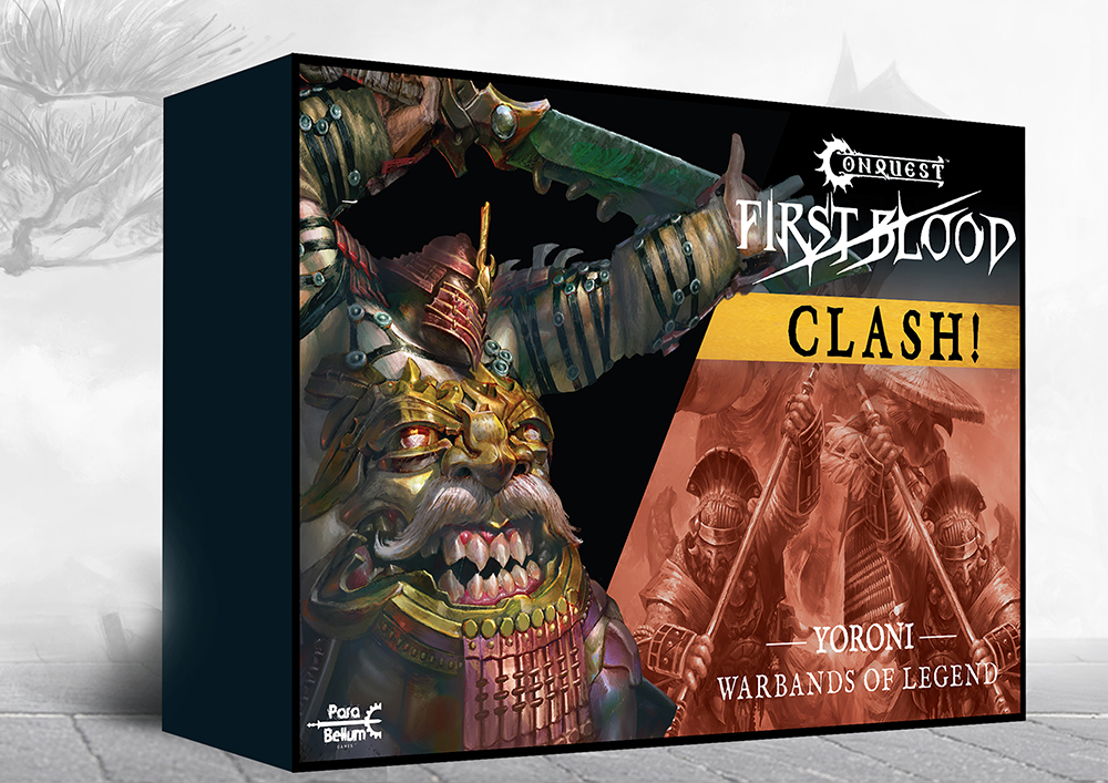 Front of box featuring art of giant man with samurai helmet and giant toothed maw armor