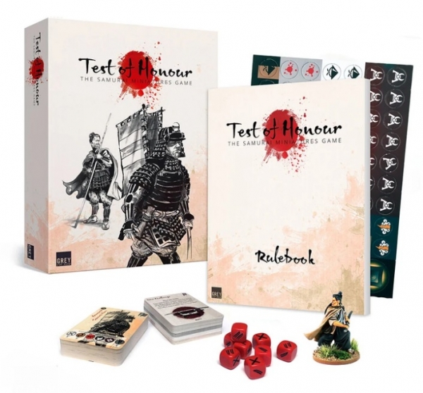 Rulebook, dice, cards, and a single samurai