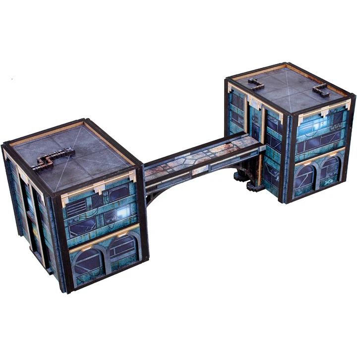 one assembled pre printed terrain piece of two two story buildings connected by a suspended bridge