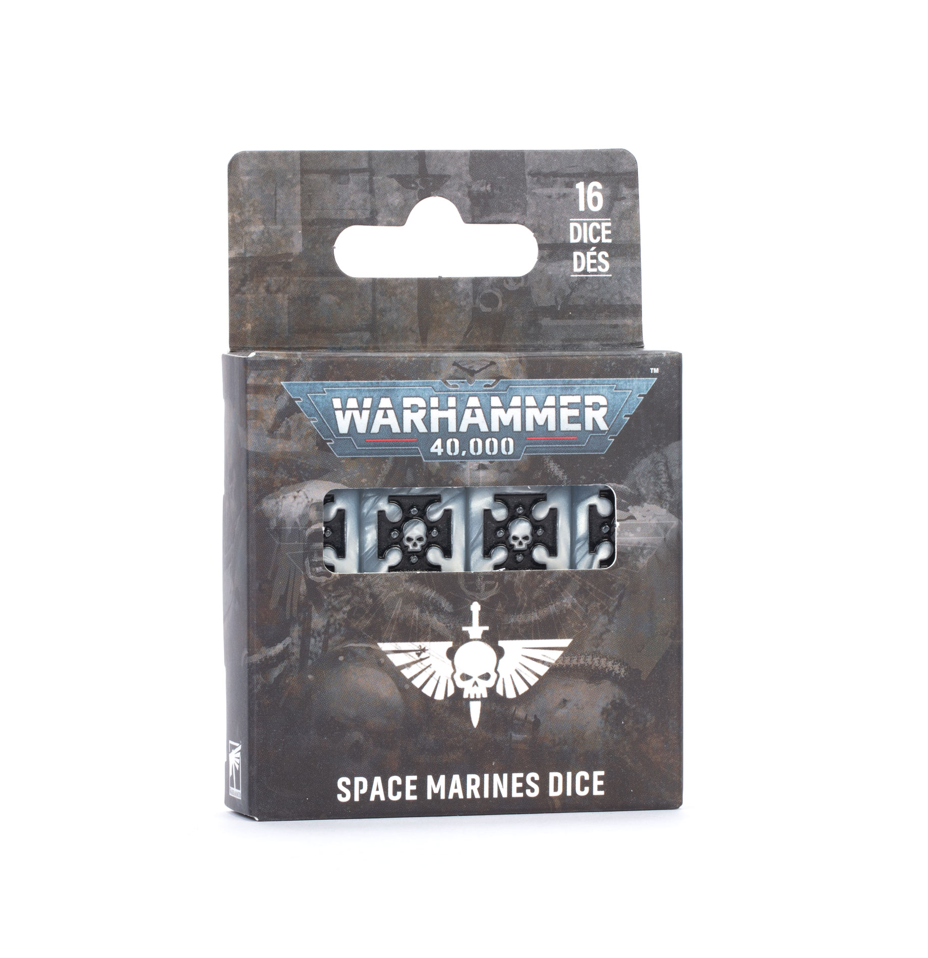 grey pack with small window showing grey dice with black cross and skull emblem