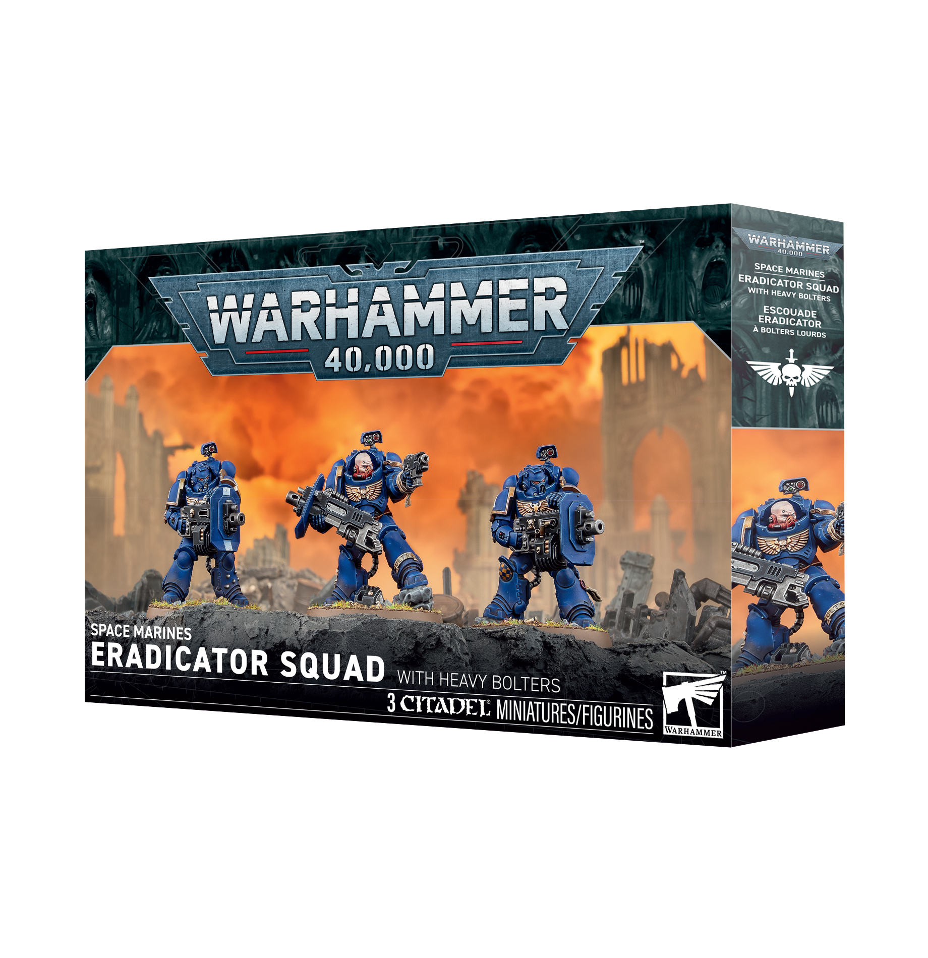 front of box featuring diorama of three space marines in blue power armor holding large guns with front plates