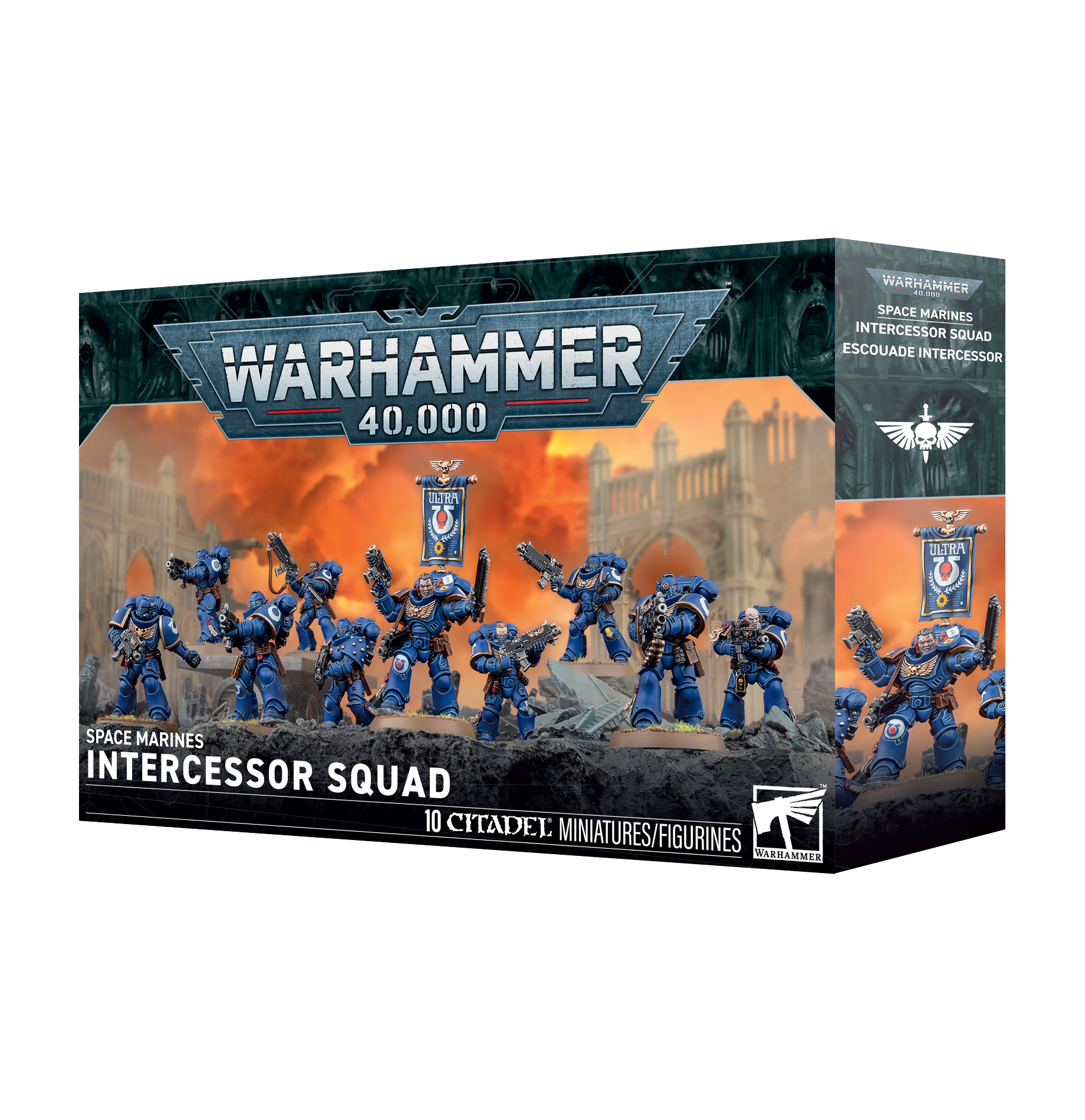 front of box featuring diorama of ten space marines in blue power armor. The frontmost marine carries a banner that reads 'ultra' on his back