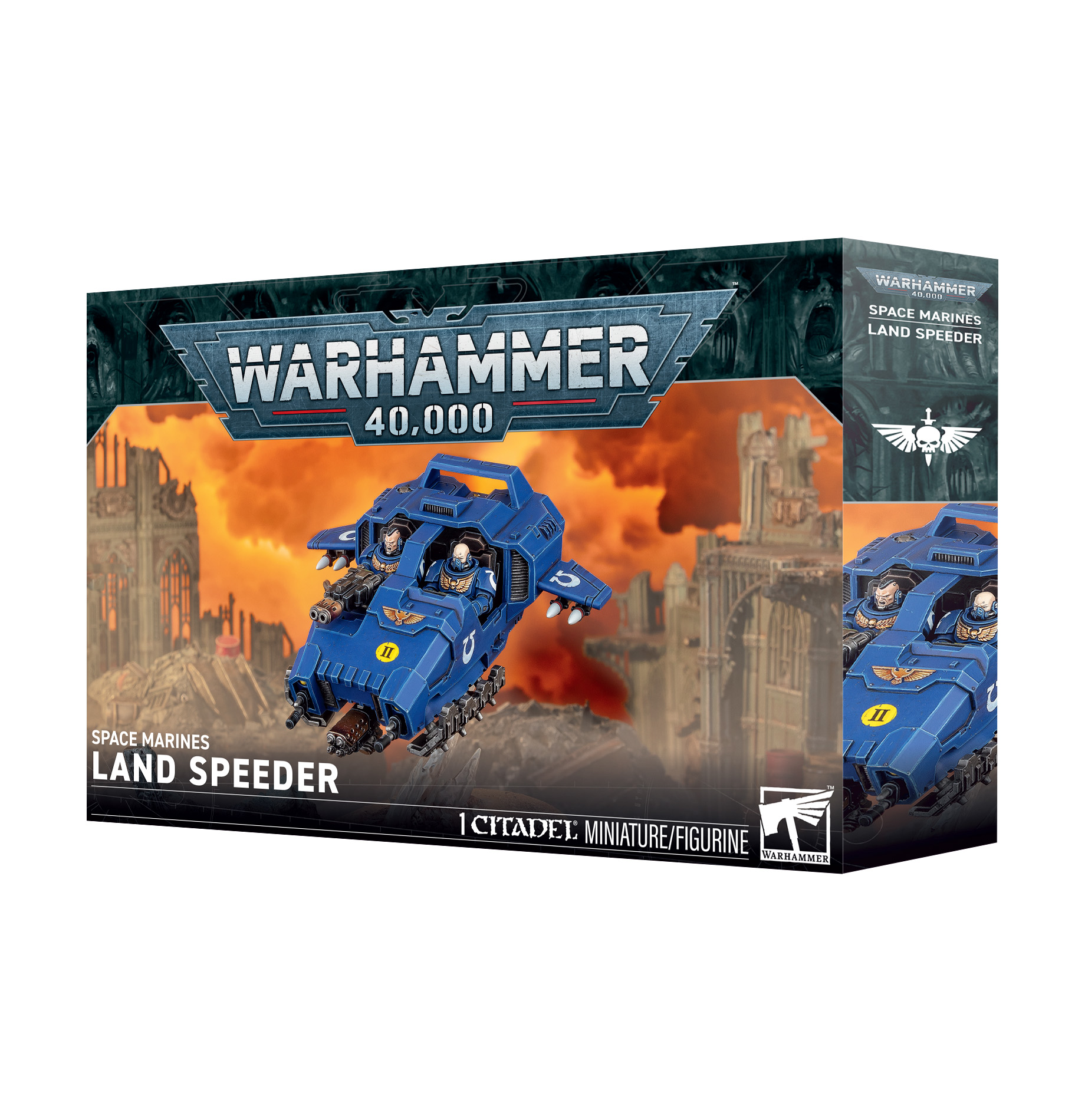front of box featuring painted hover vehicle carrying two space marines