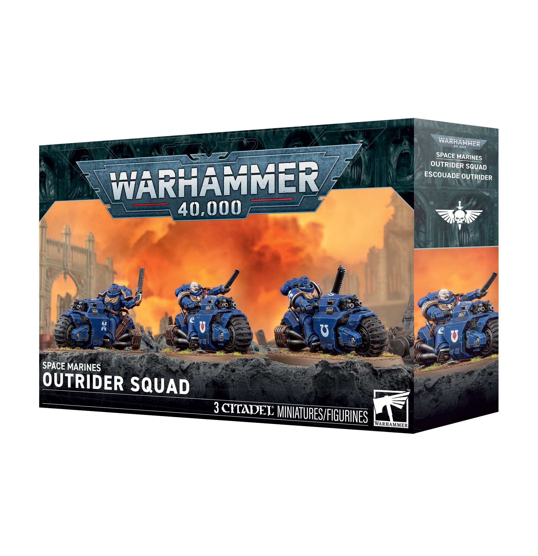 front of box featuring diorama of three painted space marines in blue power armor on blue motorcycles