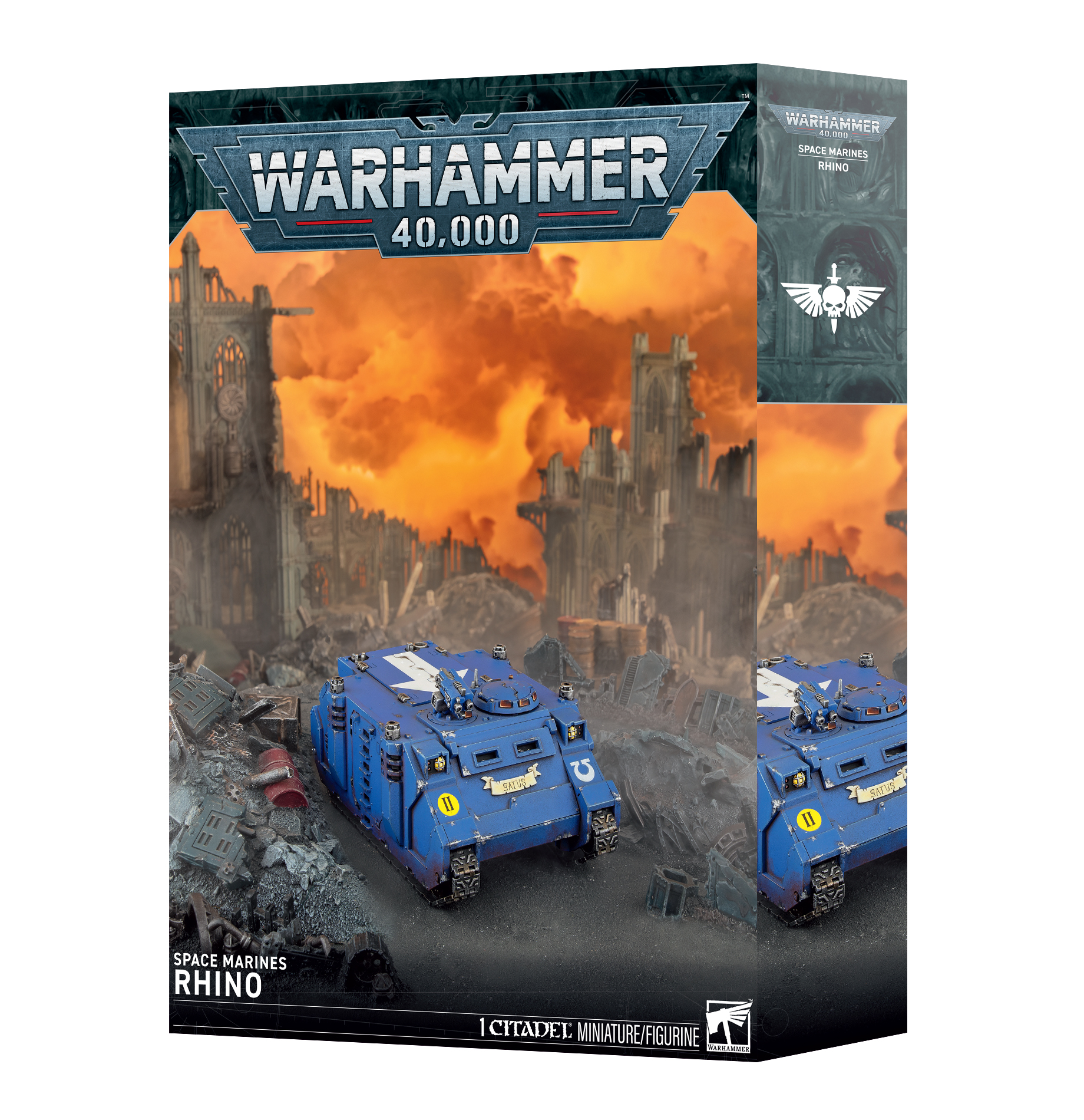 front of box featuring painted miniature blue tank with white arrow on top