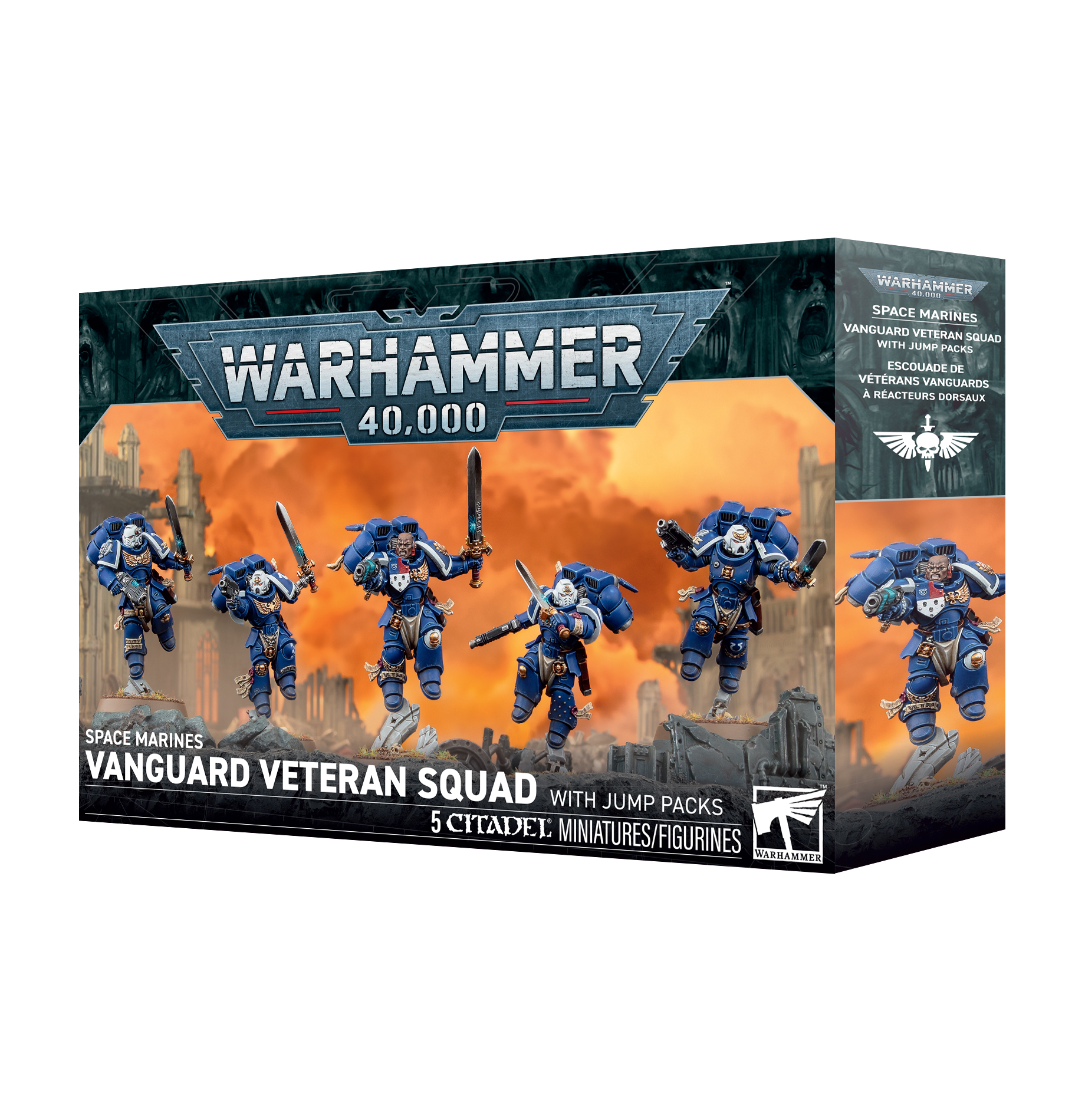 front of box featuring diorama of five painted space marines in power armor flying with jetpacks