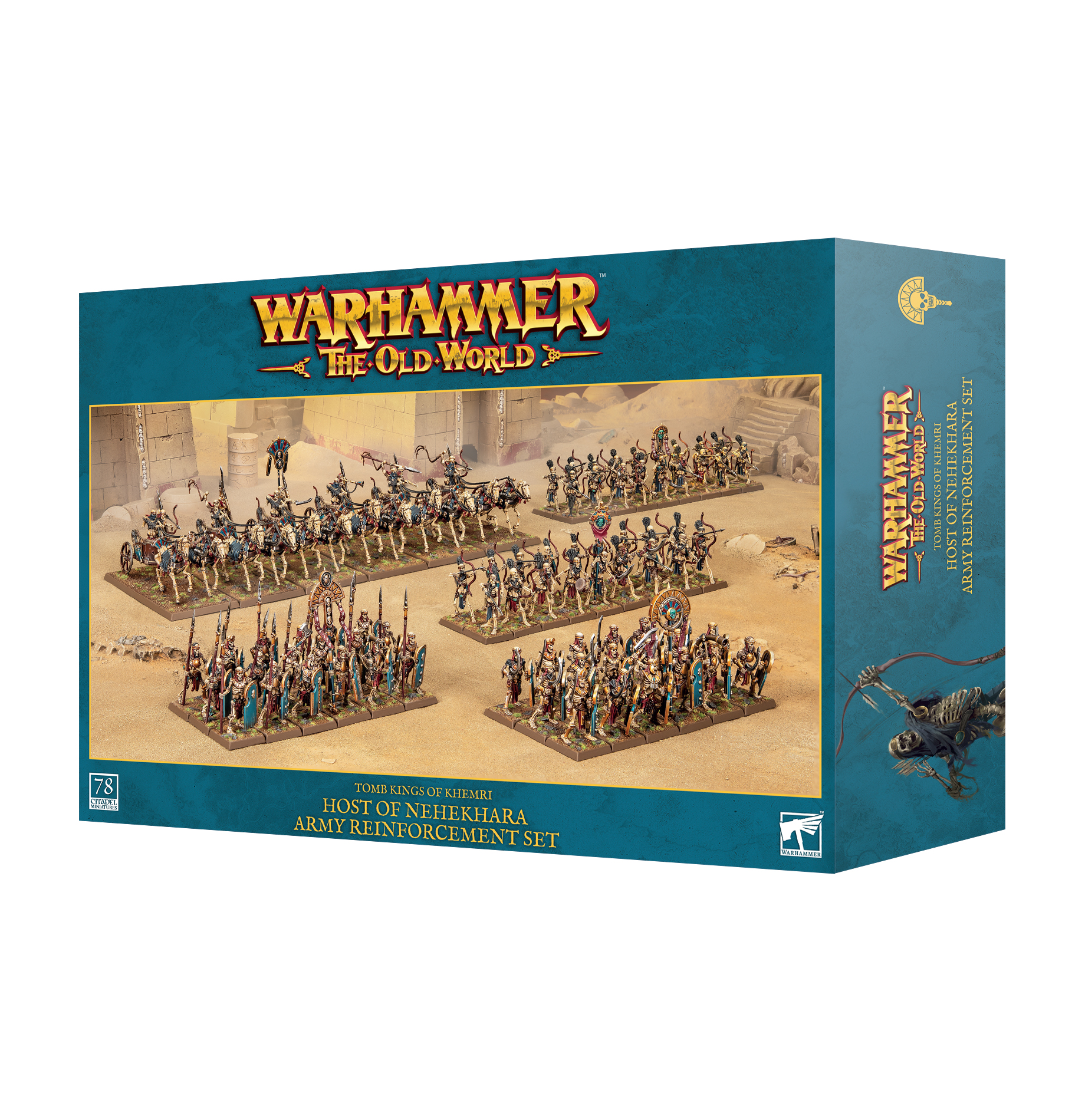 front of box featuring diorama with six skeleton charriots dozens of skeleton archers, skeleton spearmen, and skeleton swordsmen