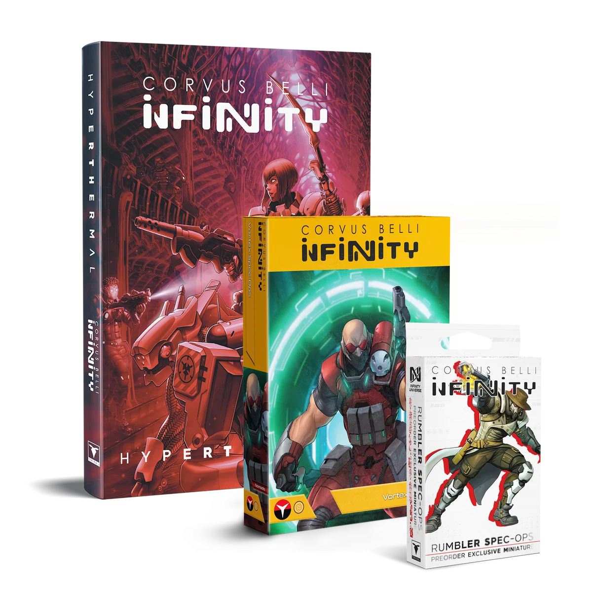 red book, yellow box featuring art of bald man in red armor, and white box featuring art of sci fi cowboy