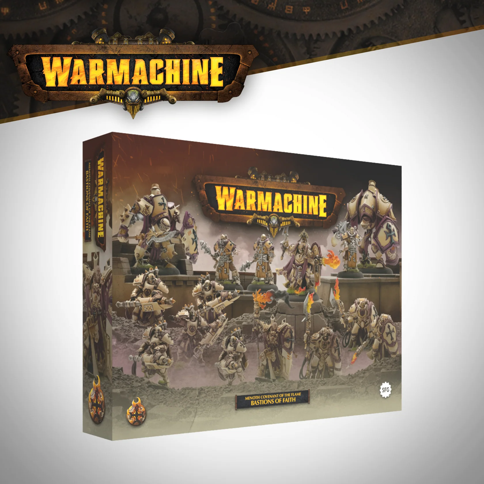front of box featuring diorama of fifteen painted miniatures in beige and purple holding torches and decorated with crosses