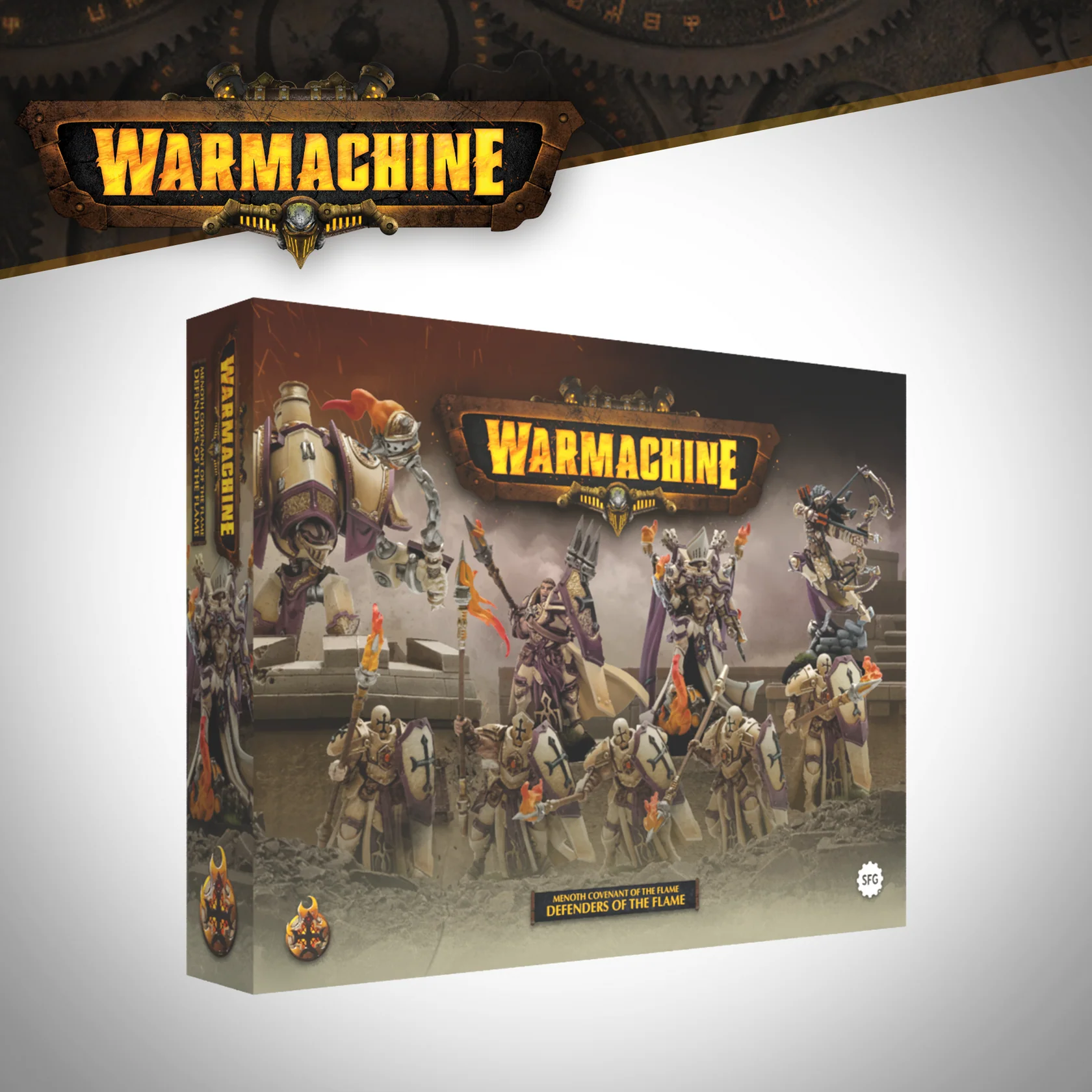 front of box featuring diorama of nine painted miniatures in beige and purple holding torches and adorned with crosses