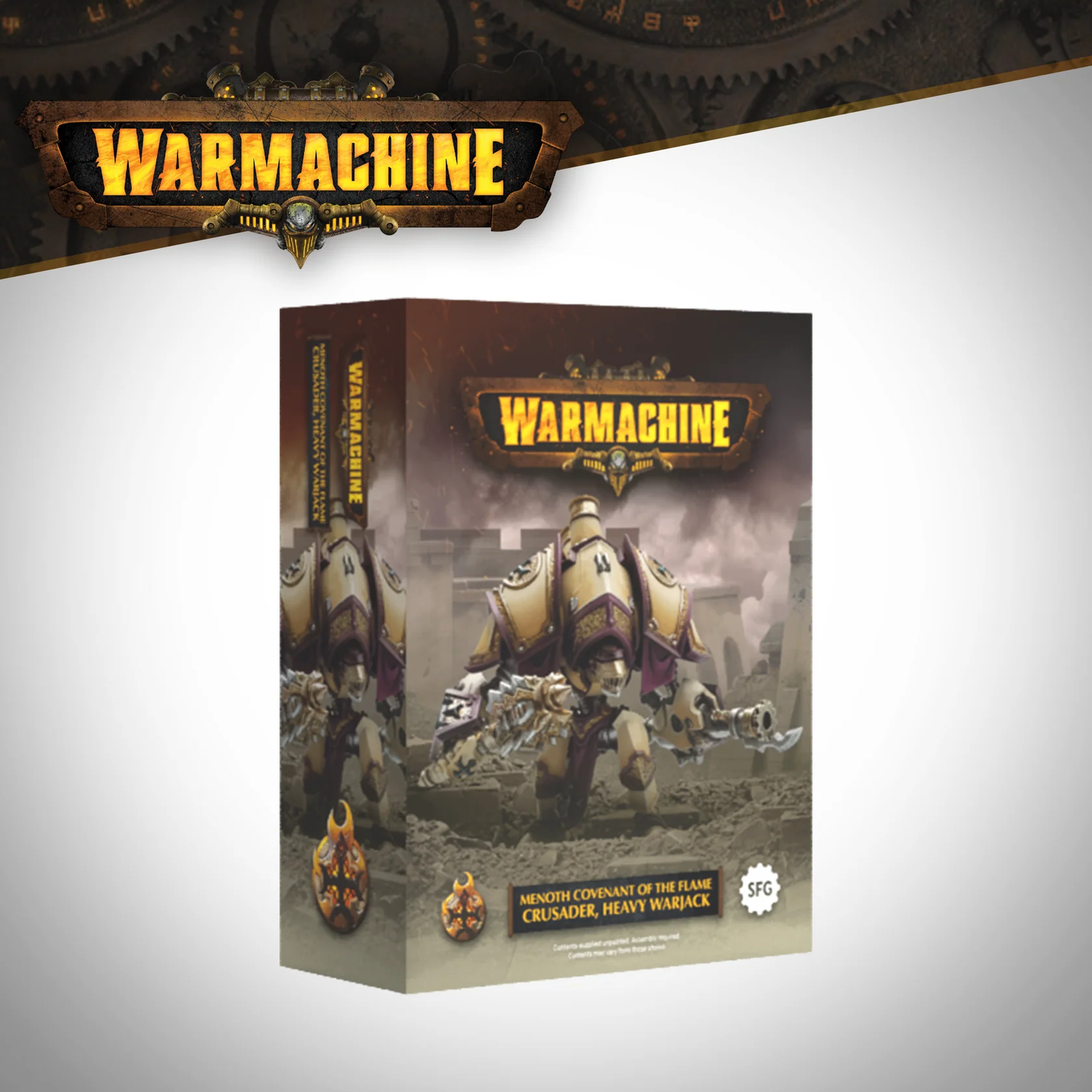 front of box featuring diorama of one painted mecha walker with mace and gun