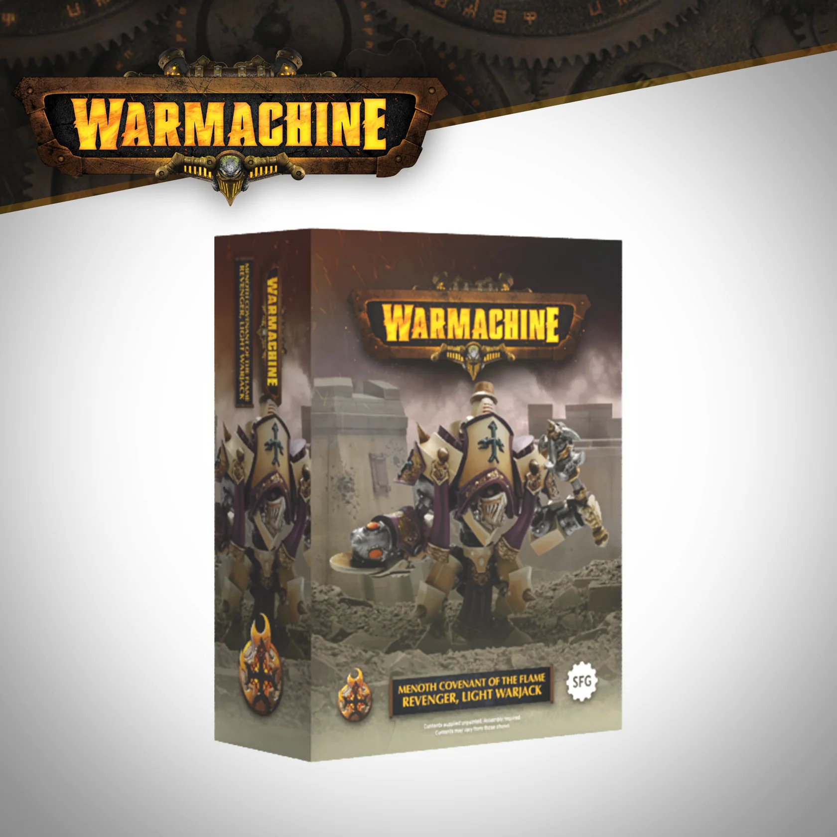 front of box featuring diorama of painted mecha walker with mace and sawblade
