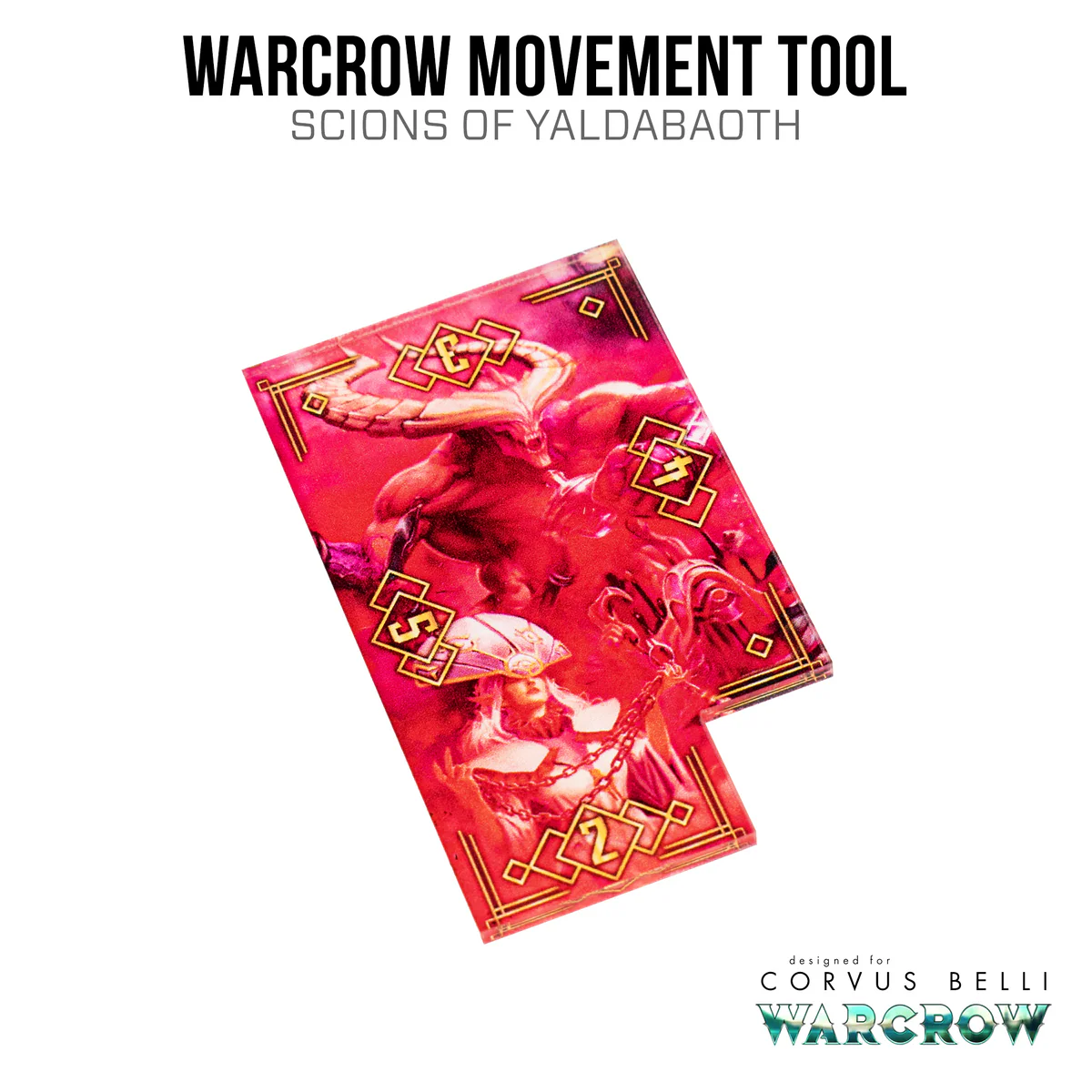 acrylic measurement tool with scions of yaldabaoth themed art