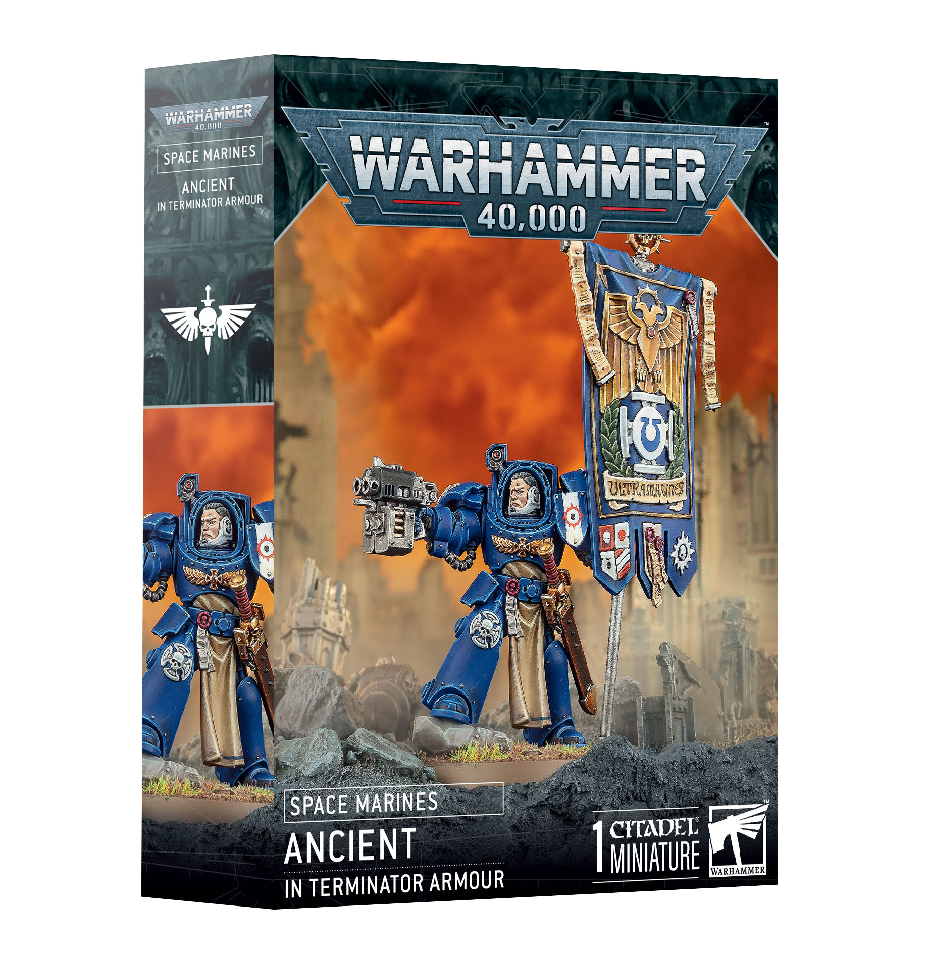 ancient in terminator armor front of box