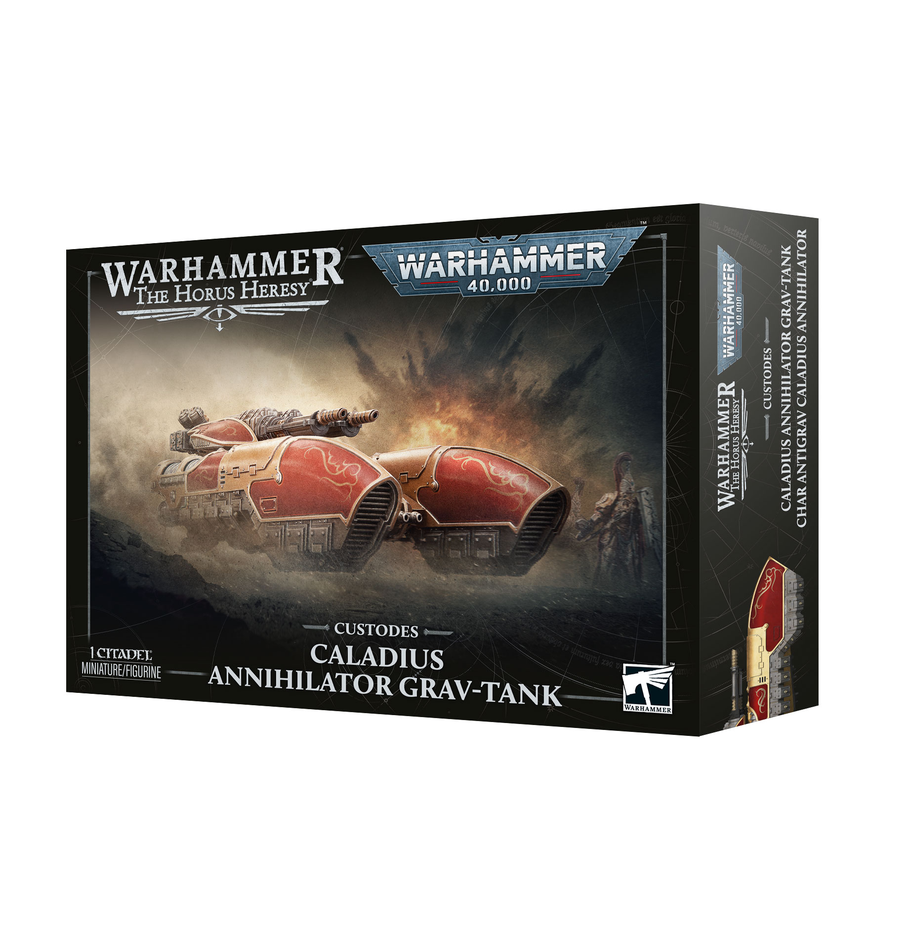 Front of box featuring art of a two pronged hover vehicle painted in red and gold with a turret mounted on the back