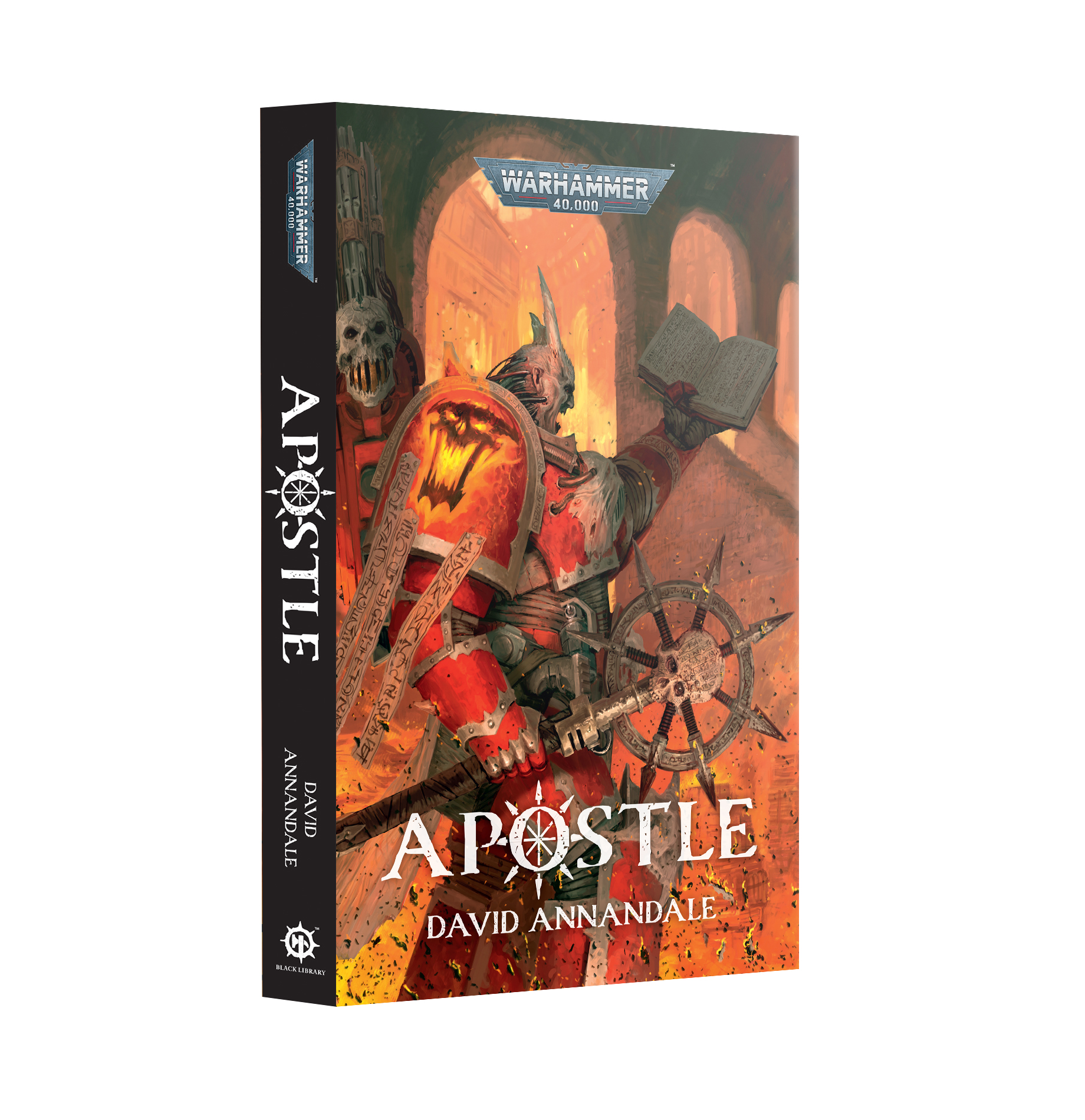 book cover featuring chaos space marine in red power armor holding an open book and a staff with a skull at the end