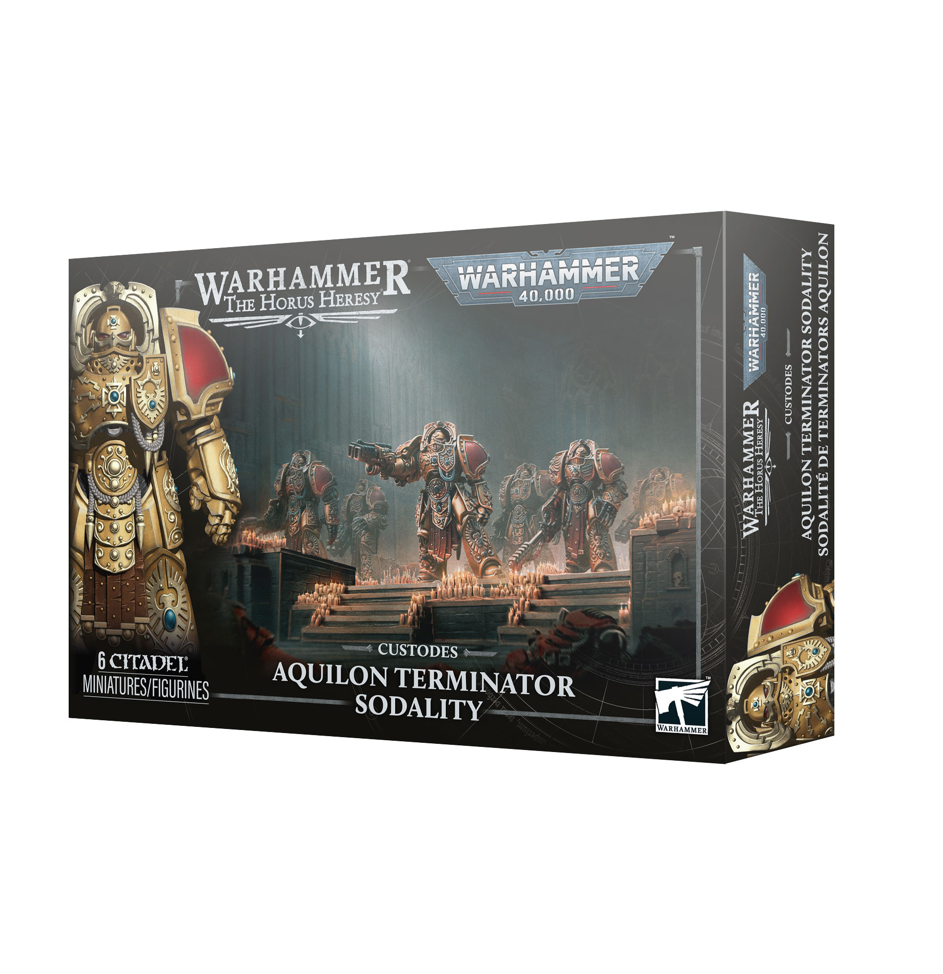 front of box featuring art of custodes in gold and red power armor and a close up 3D render of one to the left edge