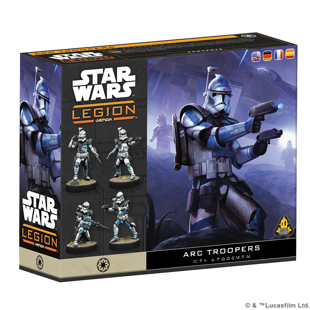 arc troopers box featuring art of one clone and image of four painted miniatures