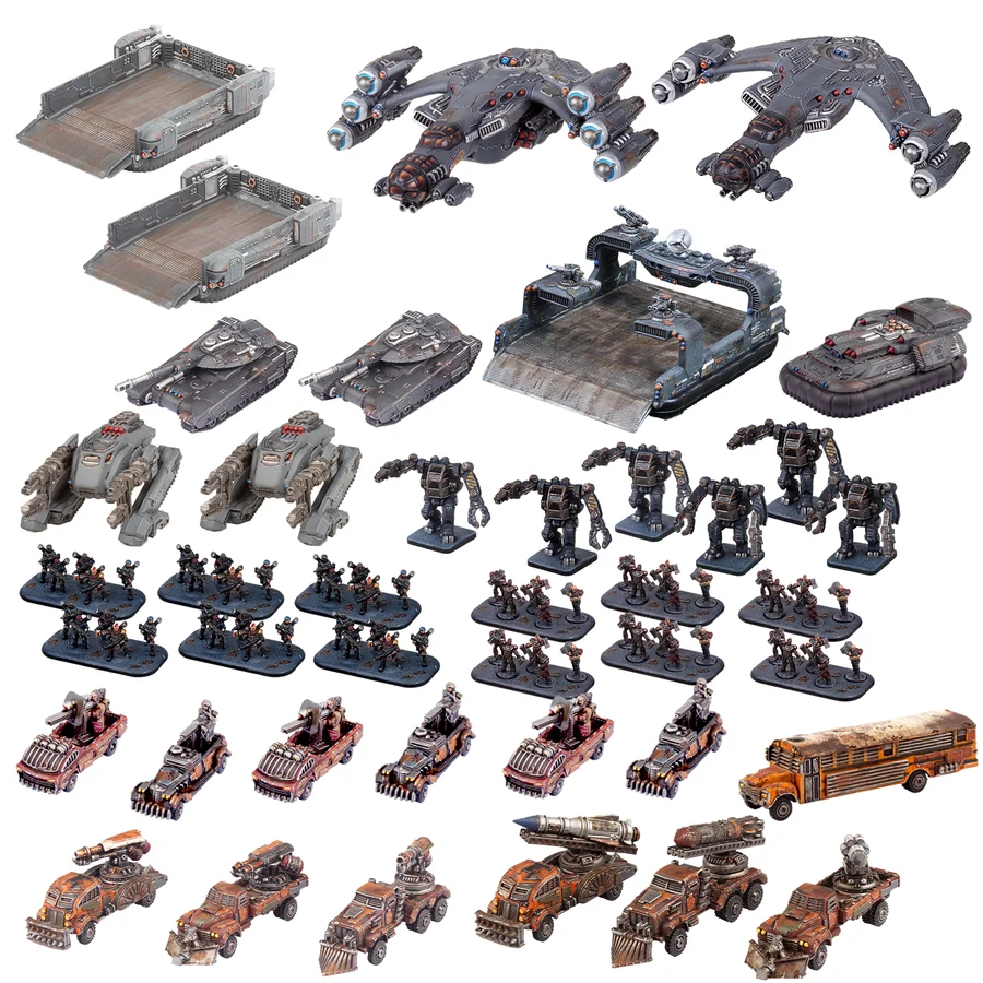 army of painted blue and grey miniatures