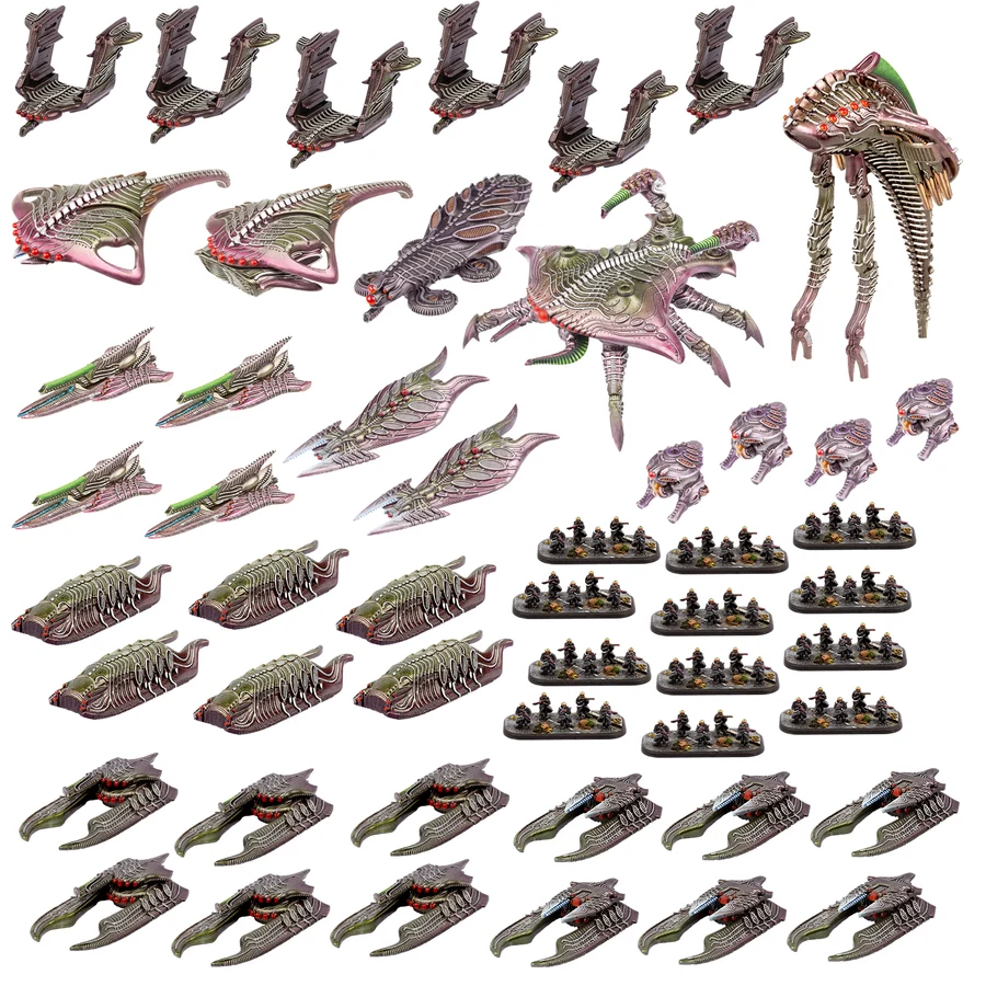 army of painted purple and green miniatures