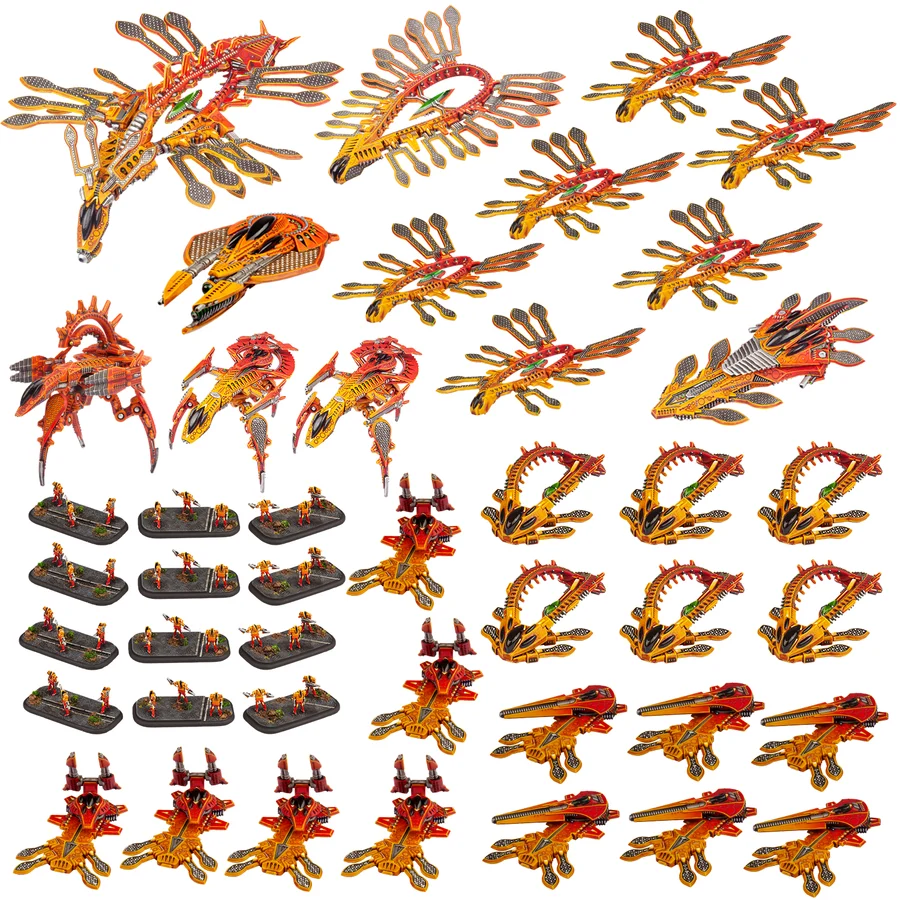 army of painted yellow and orange miniatures
