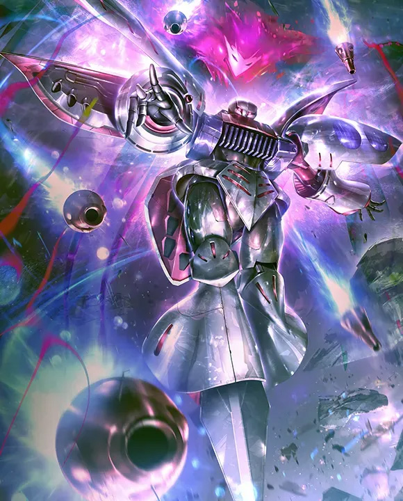 art of white and pink quebeley mobile suit