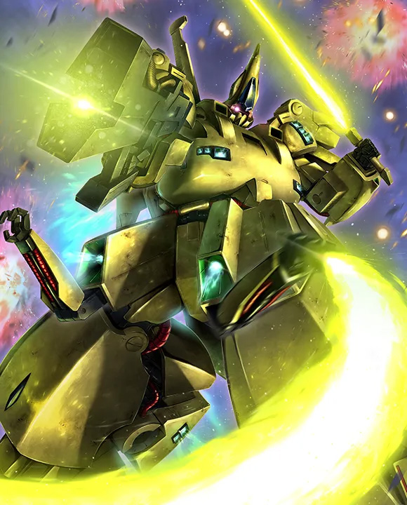 art of yellow mobile suit with gun and laser sword