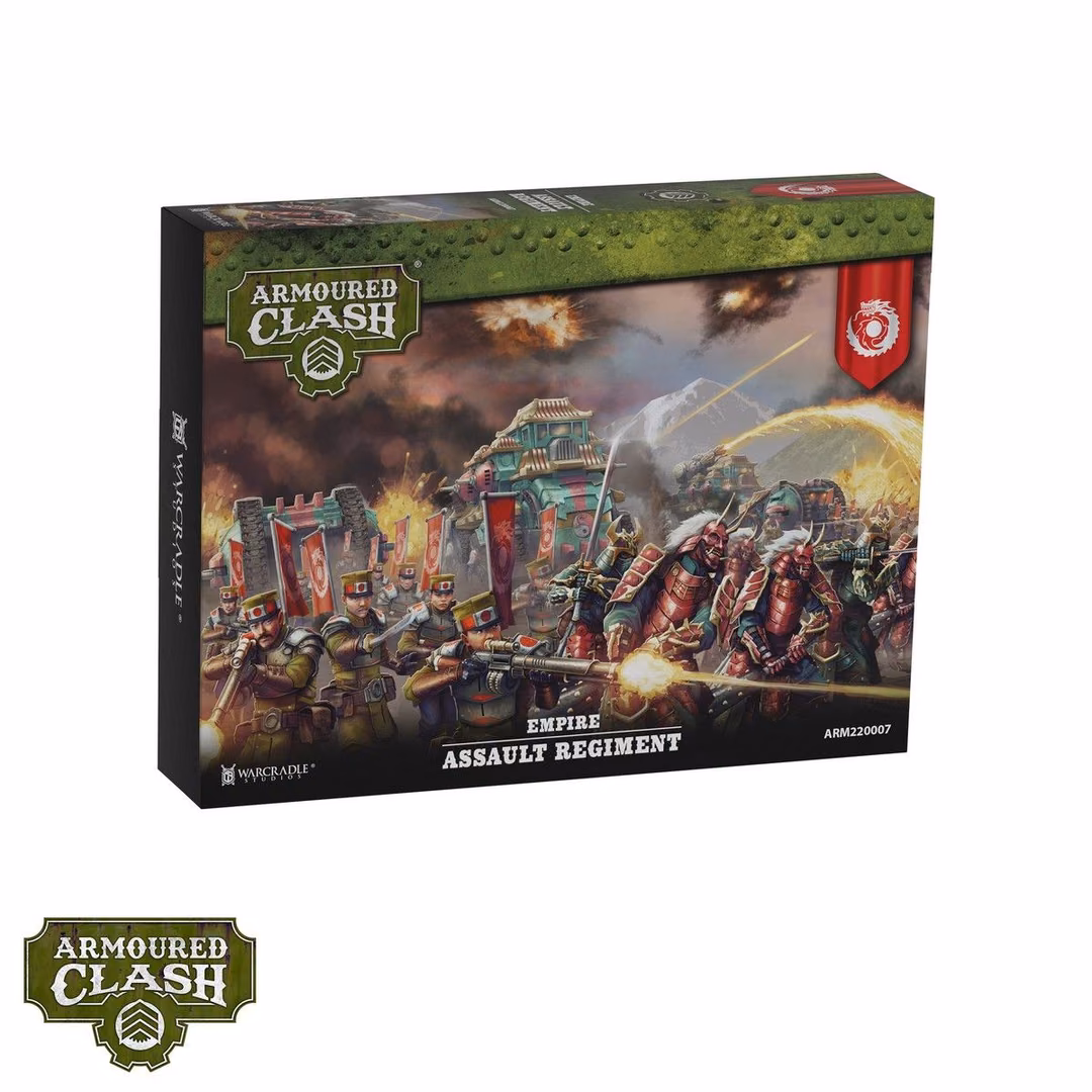 front of box featuring artist rendition of infantry carrying red banners, men in red samurai armor and oni masks, and multilevel tanks in red and green