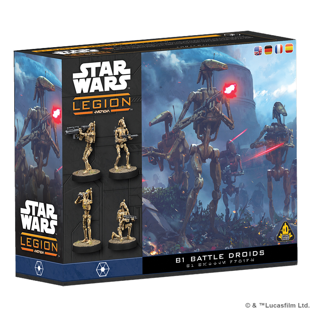 b1 battle droids box with art of droids firing and image of four painted miniatures