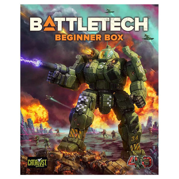battle tech beginner box with 40th anniversary logo and art of giant mech