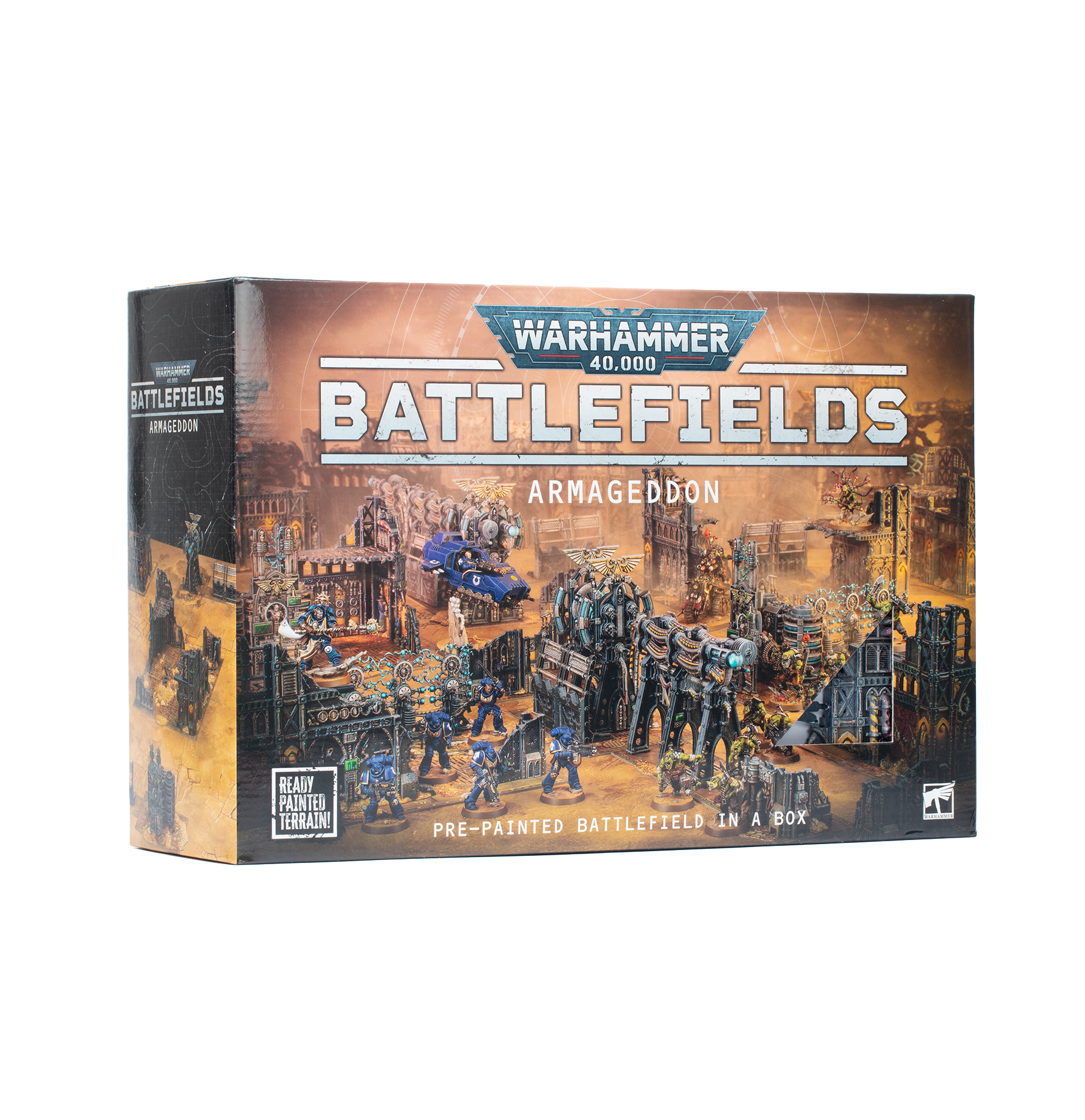 front of box featuring picture of diorama with painted and assembled sci fi ruins terrain and battling ork and space marine miniatures